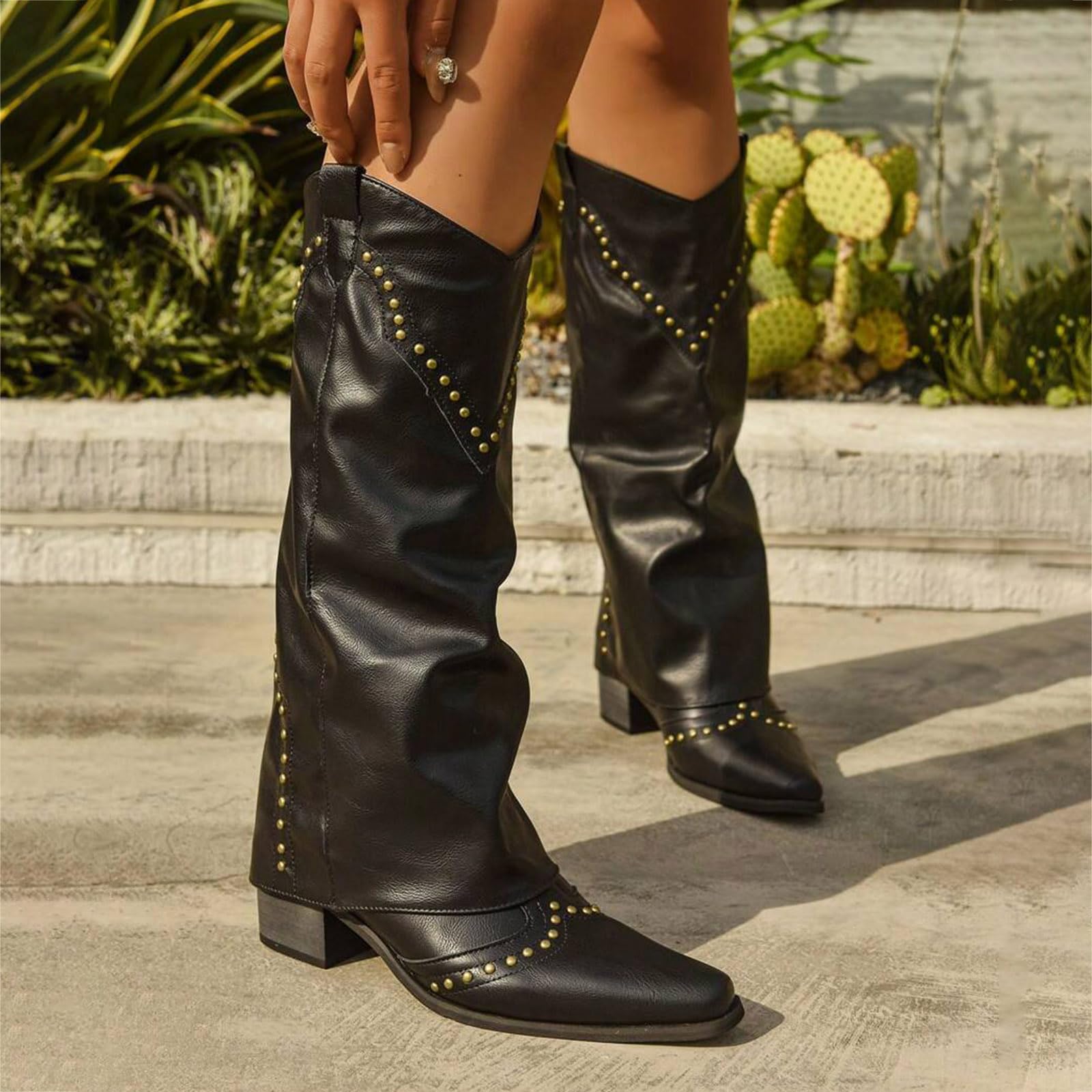 Damskie buty do kolan, vintage, nity, wysokie wsuwane, kowbojskie buty z klapą, obcas blokowy, szpiczaste, buty westernowe, długie buty zimowe