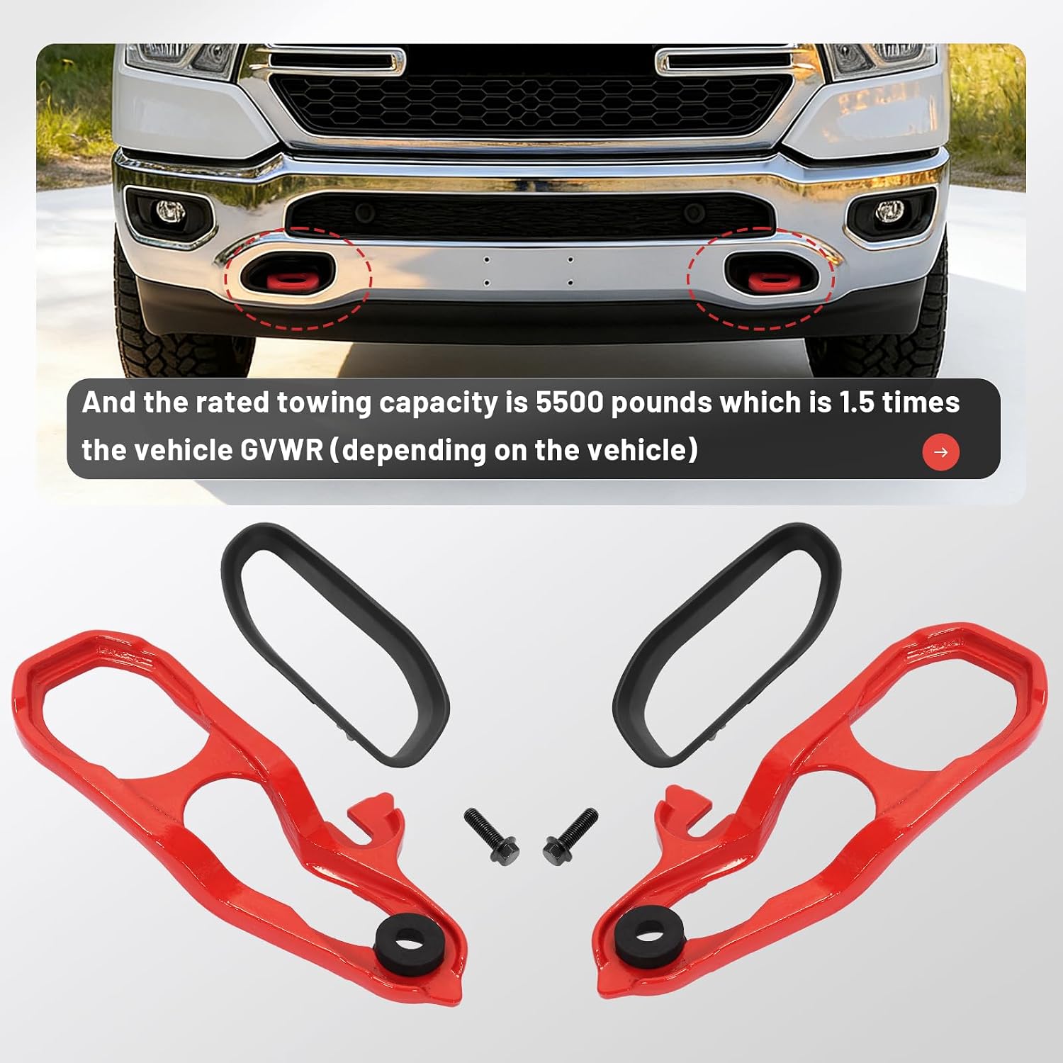 Left&Right Red Front Tow Hooks Compatible with 2019-2024 Ram 1500 DT W/Black Frames & Hardware Replacement for 68272944AB 68265144AA 68272945AB 68272945AA 68274701AB 68274701AA Steel+Plastic