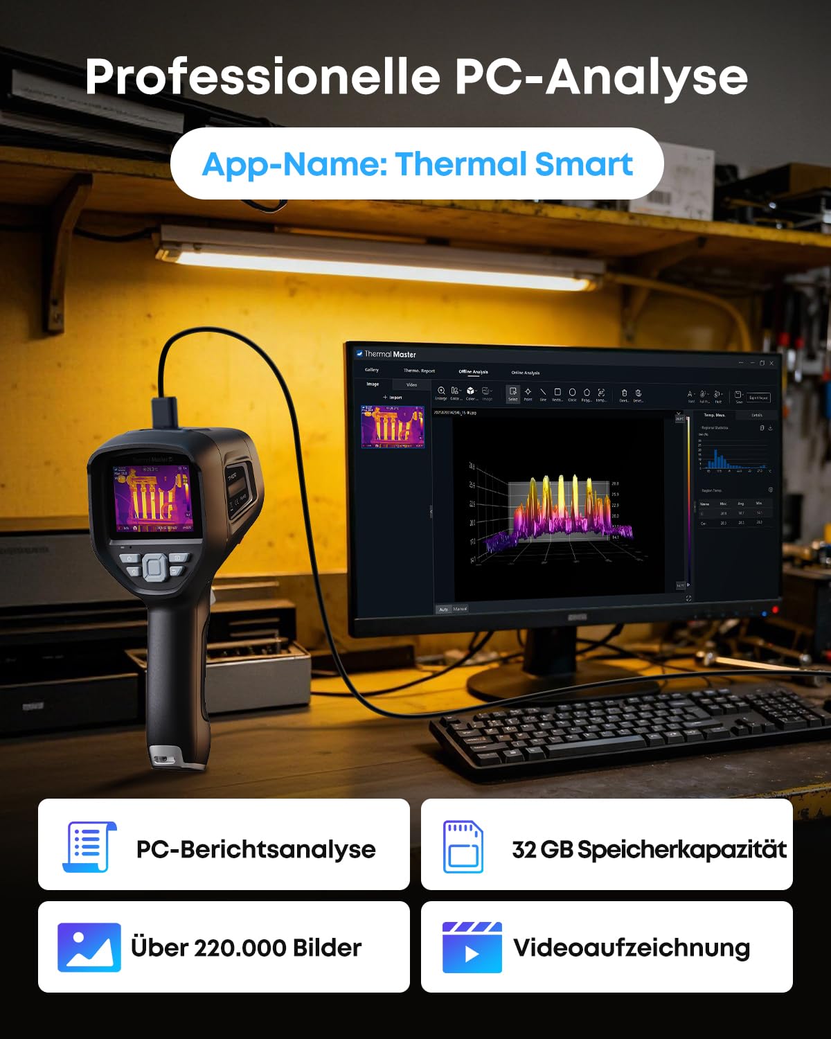 Thermal Master Thor 002 Wärmebildkamera Handheld, 512×384 X³ Auflösung, 25Hz Infrarotkamera, 3,5" IPS Display, -20°C bis 550°C, Laser, WLAN & App/PC-Analyse, IP54 für Elektro, Industrie & HLK