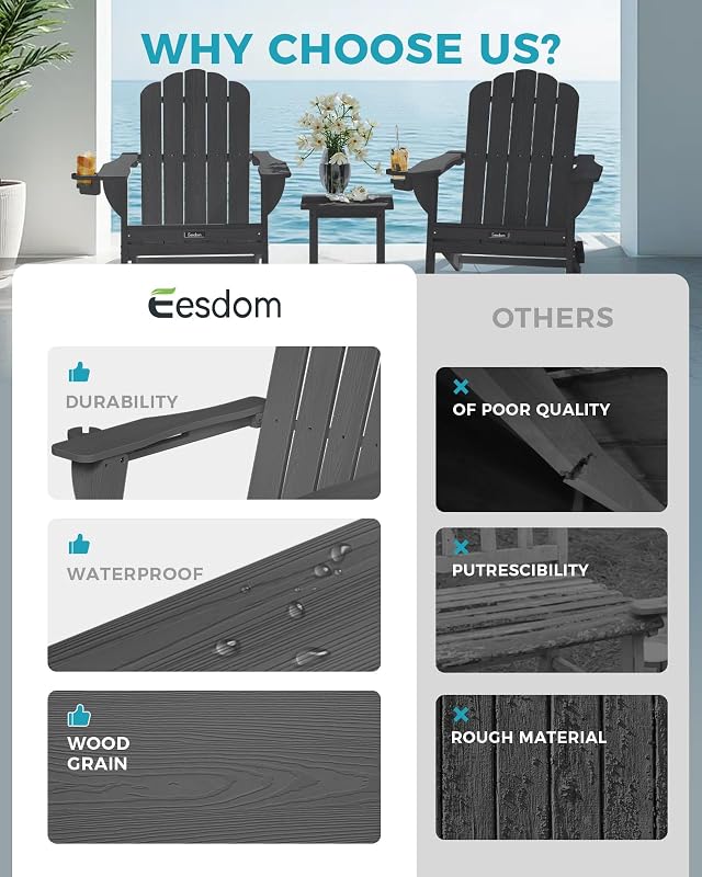 Eesdom Folding Adirondack Chair, All-Weather HDPE Plastic Patio Chair with 2 Cup Holders, Wooden Textured Lawn Chair, Perfect for Fire Pit,Grey image 7