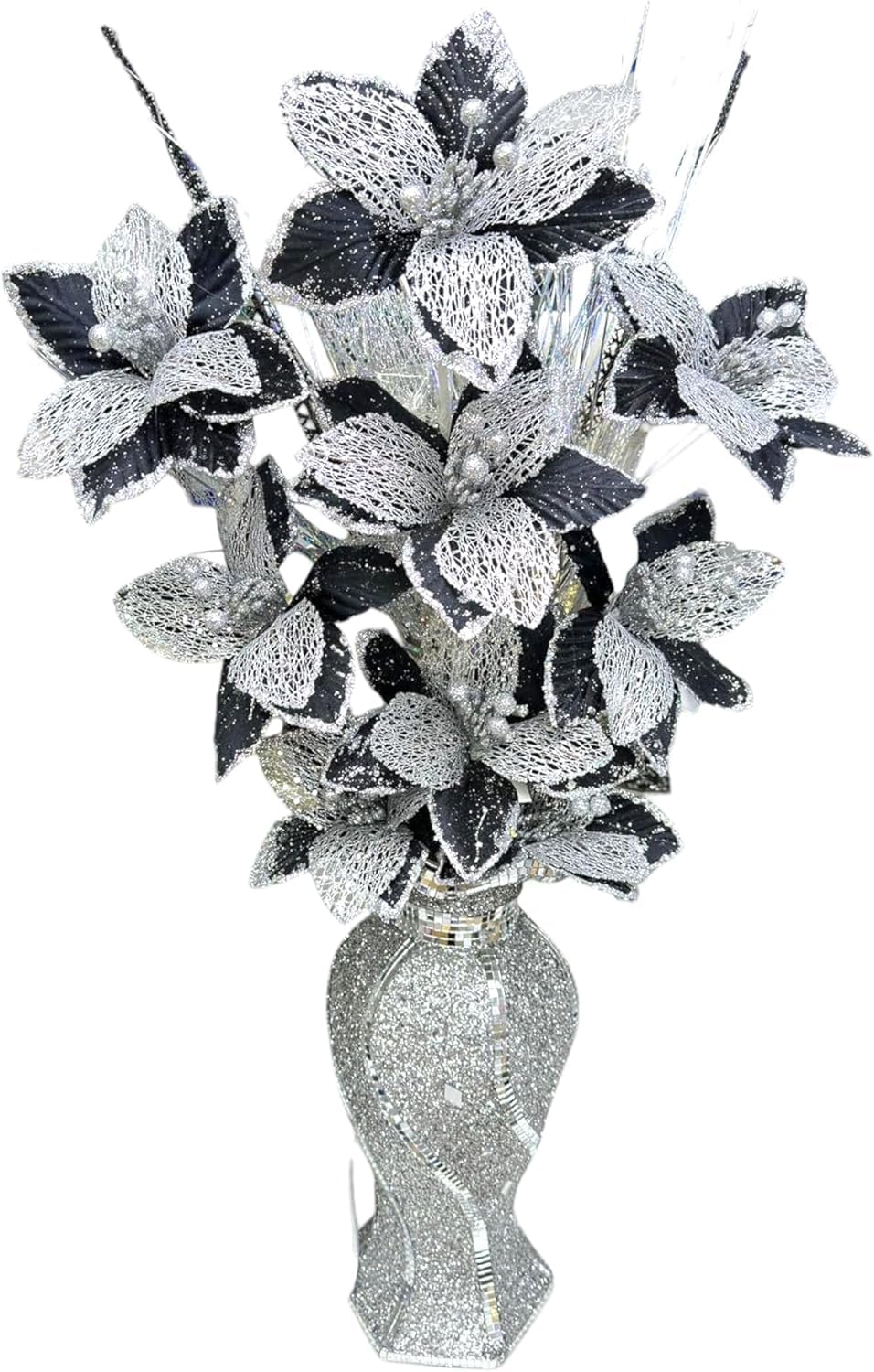 AIDNI Black & Silver Glitter Artificial Flower Arrangement with Crushed Diamond Mosaic Vase, Elegant Romany Bling Home Decor Ornament – 65cm Tall