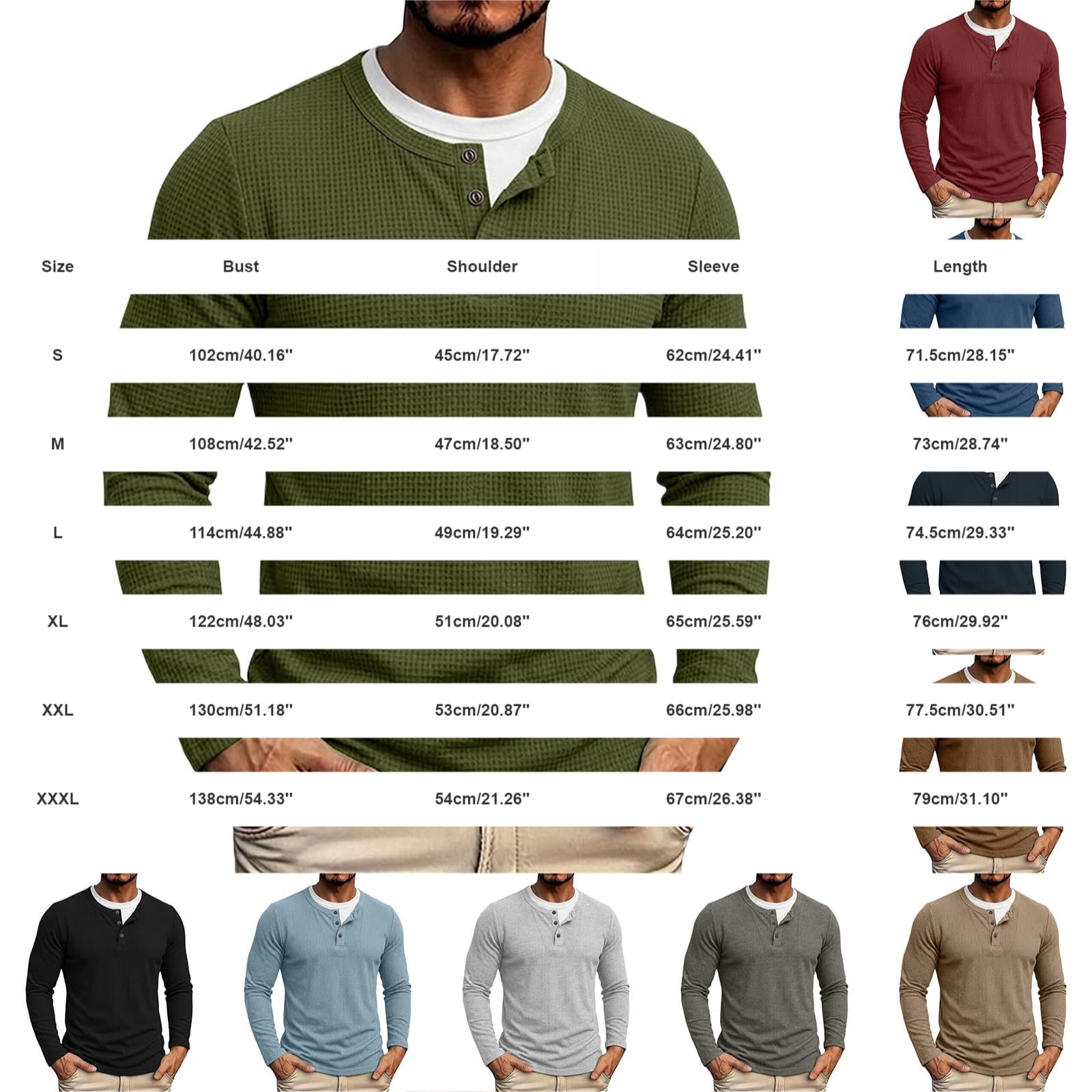 CHUNOTU Henley T Shirt da uomo UK Waffle Knit Fake Two Piece Long Sleeve | Casual Base Layer Tees Oversize Plain Felpe Loose Fit Moda Pullover Maglione Top