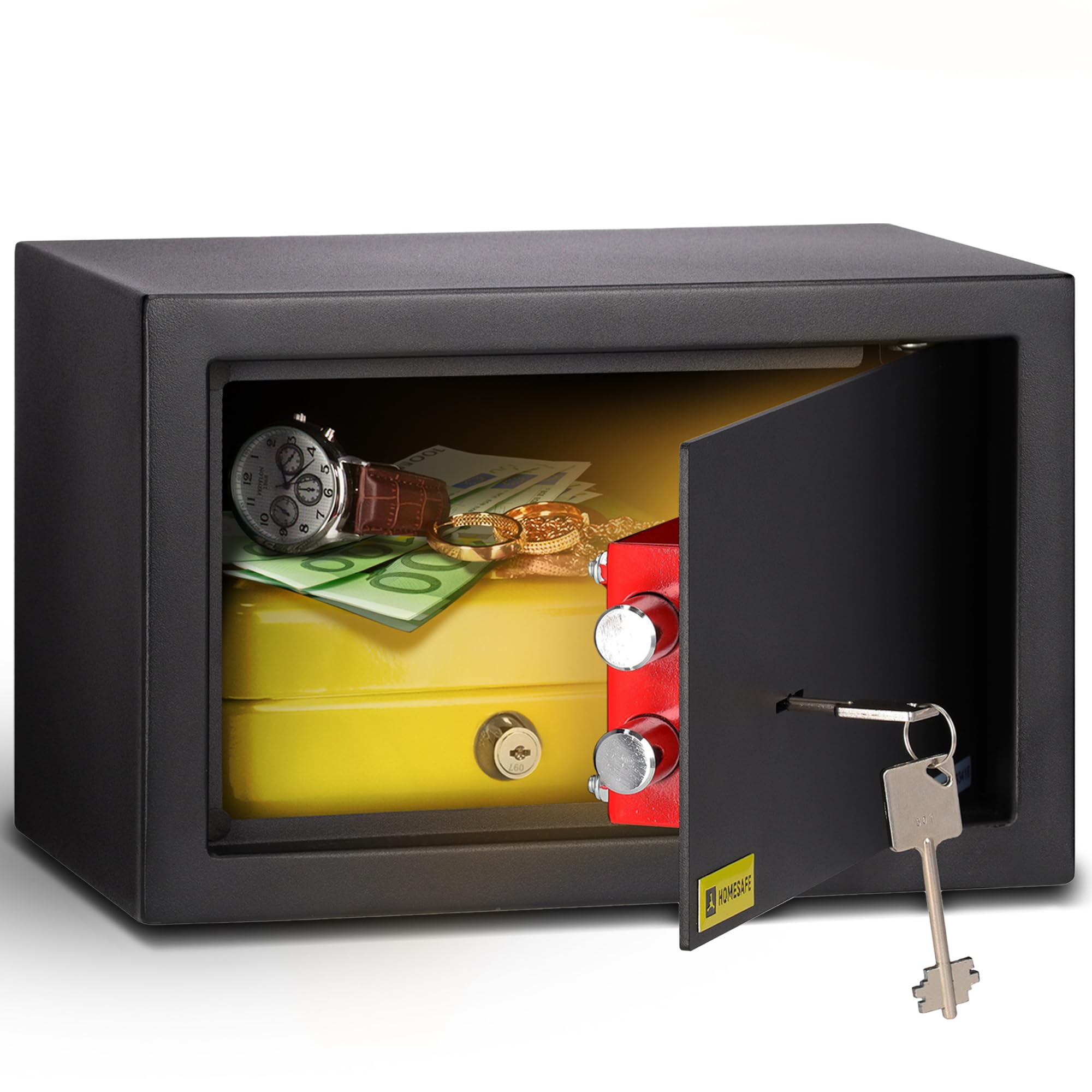 Homesafe Carbon Black, Ral 9005 Hv20k Safe Box With Key Lock, 20X31x20cm (Hxwxd), Money Lock Box For Home Security, Storage Safety Locker, Safe For Cash Savings, Jewelry Or Money
