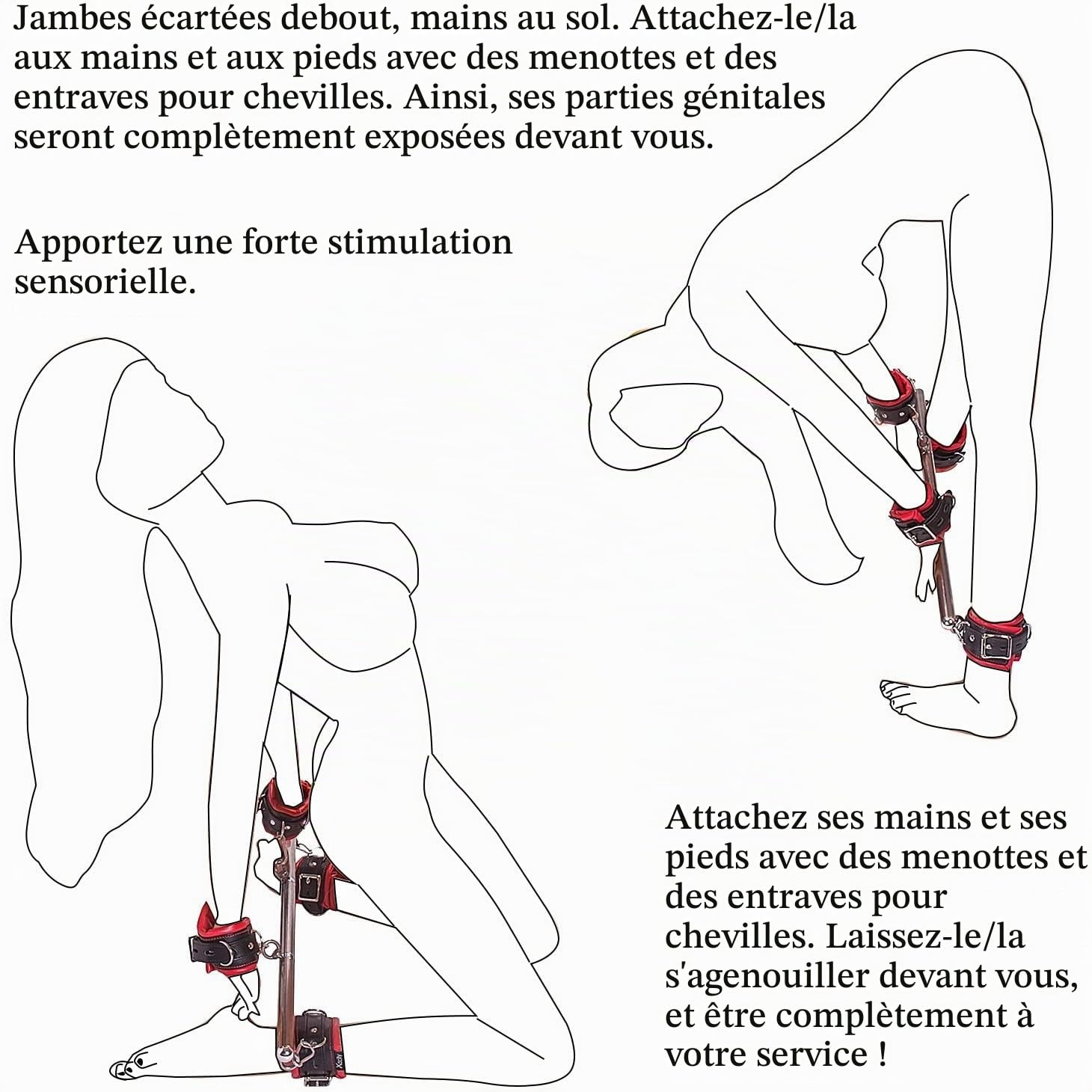 Barre de contrainte / bondage Barre d'écartement en métal réglable avec menottes pour poignets et chevilles