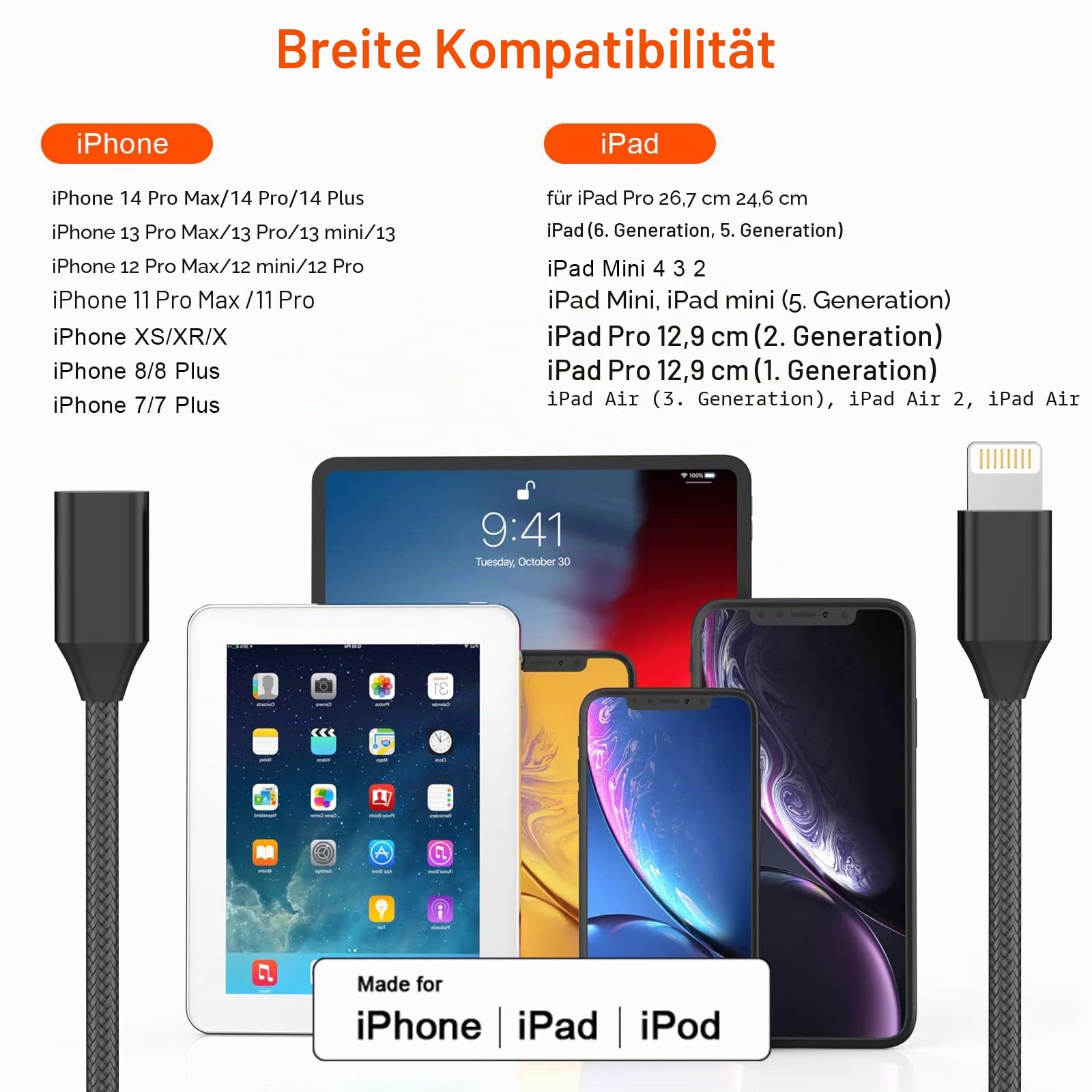 iPhone-Ladegerät-Verlängerungskabel, [Apple MFi-zertifiziert] Nylon geflochtenes Lightning-Verlängerungskabel Stecker auf Buchse, Audio HDMI, OTG