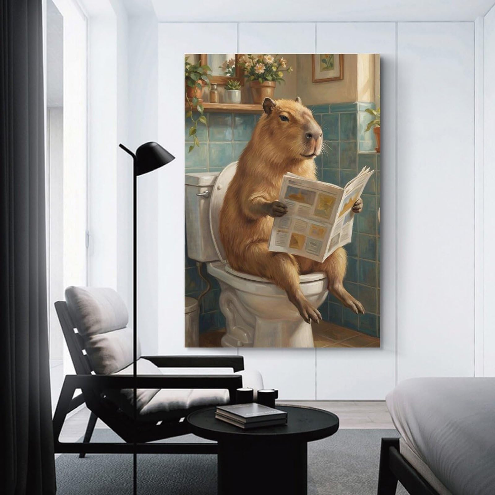 Junmoney Unframe-Style-24 Canvas Art Print Capybara Reading Newspaper On Toilet, 12X18inch(30X45cm), For Office, Study Or Home Workspace, Wall Art That Adds Style To Work Areas