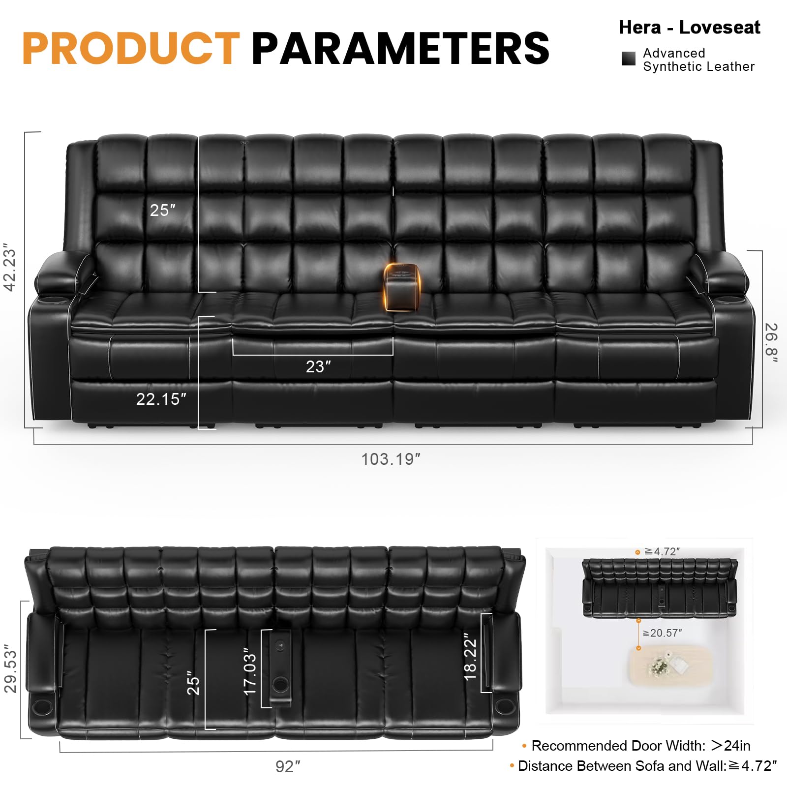 Reclining Sofa 4 Seater Couch, Wall Hugger Reclining Couch with Removable Console USB, Recliner Sofa with Cup Holder, PU Leather Sofas with 2 Layers Cushion, Manual RV Furniture