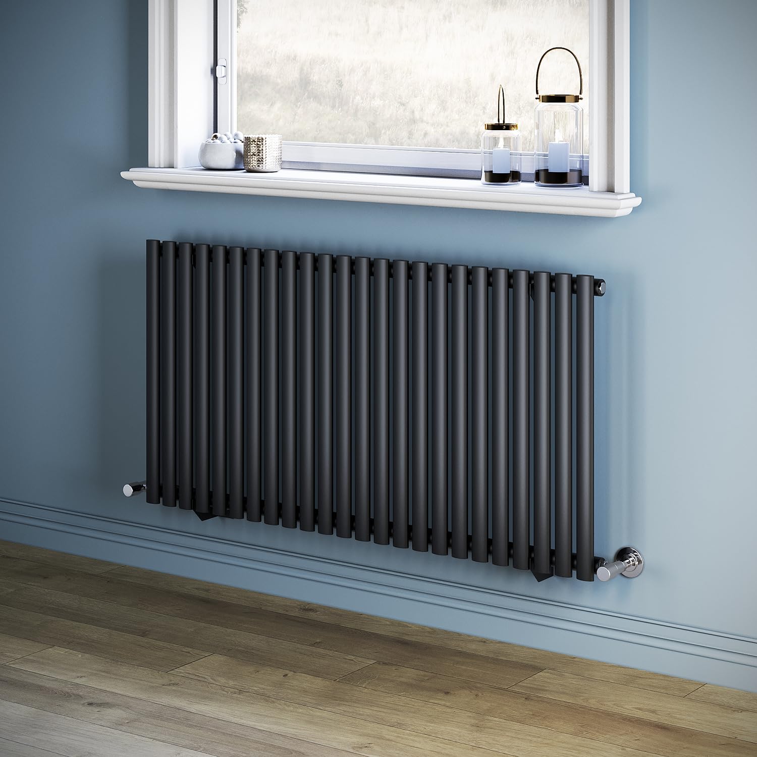 ELEGANT 600x1176mm Black Designer Radiator Horizontal Oval Column Modern Single Panel Central Heating Radiator