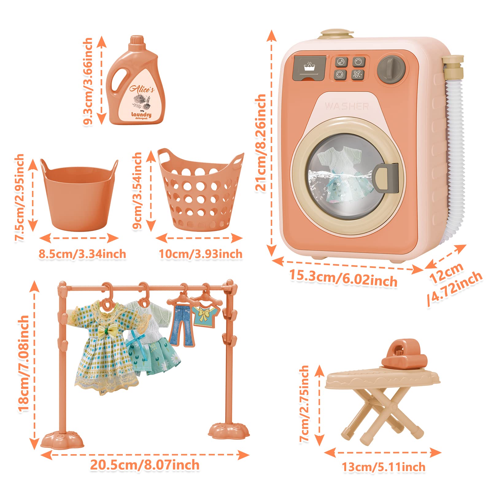 deAO Machine A Laver Enfant, Électroniques Machine À Laver Jouet avec Sons et Lumière, Ensemble De Jouets pour Machine À Laver, Jeu De Blanchisserie pour Enfants (Marron)