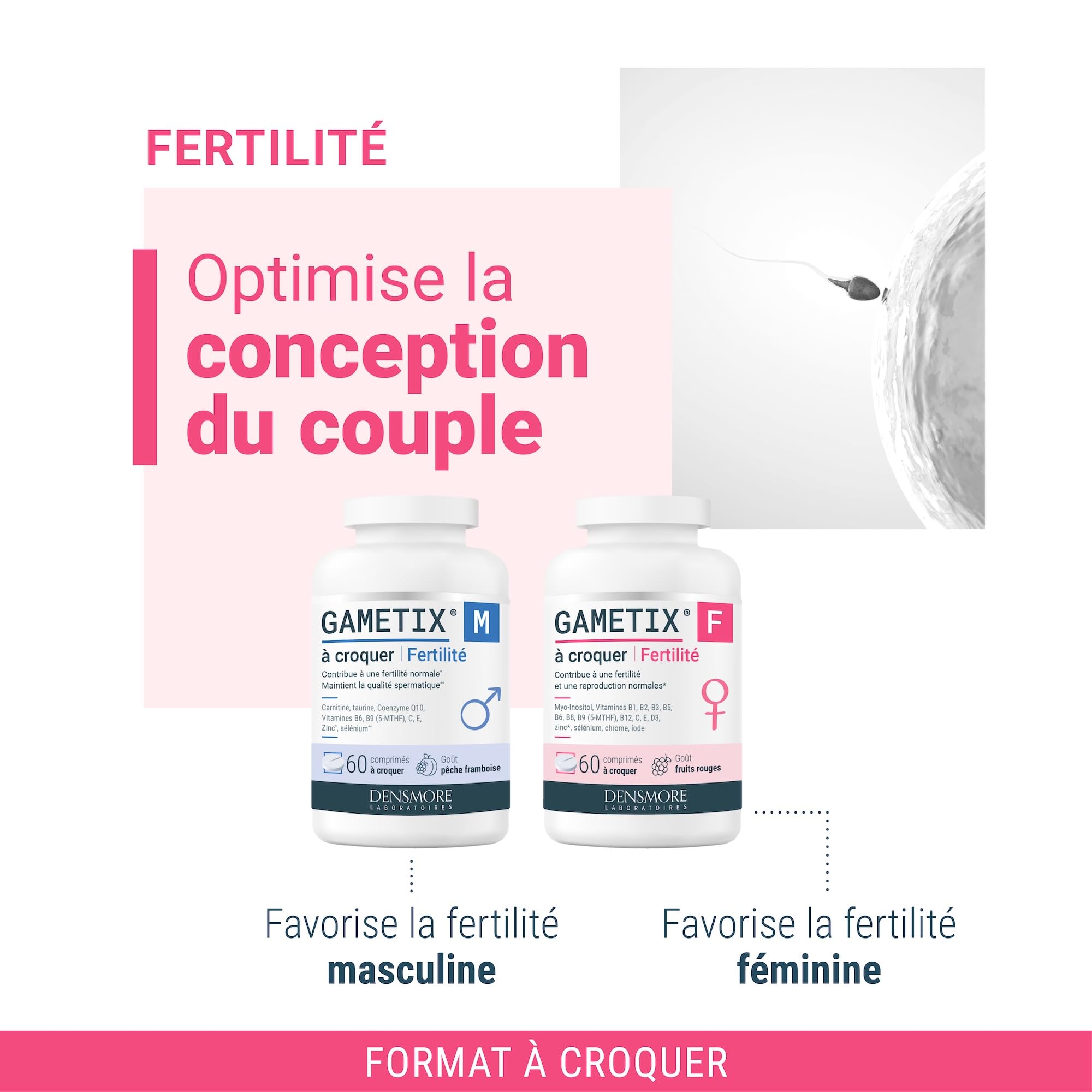Densmore - GAMETIX F à Croquer - Complément Alimentaire Fertilité Féminine à base de Myo-Inositol, Acide Folique (Vitamine B9), Zinc, Vitamines - Goût Fruits Rouges - 60 Comprimés - Fabriqué en France
