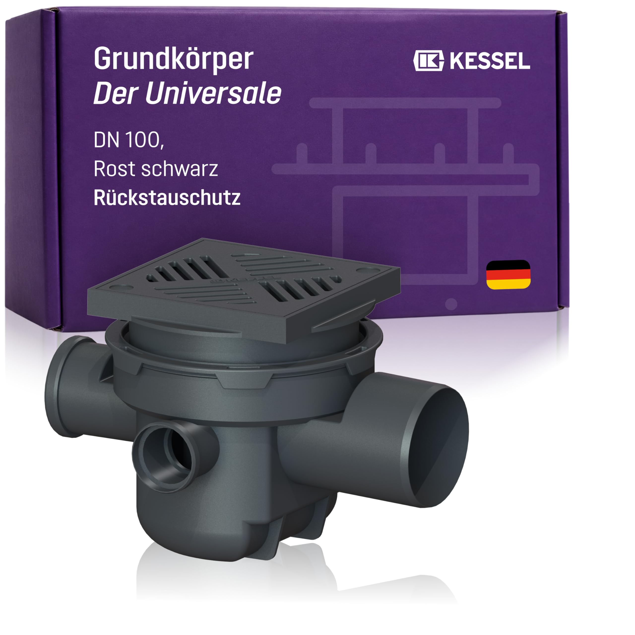 KESSEL Universal-Bodenablauf DN 100 Typ 5, 3 Zuläufe, Rückstauverschluss | Schlitzrost Kunststoff schwarz, 2 Rückstauklappen + Notverschluss, EN 1253