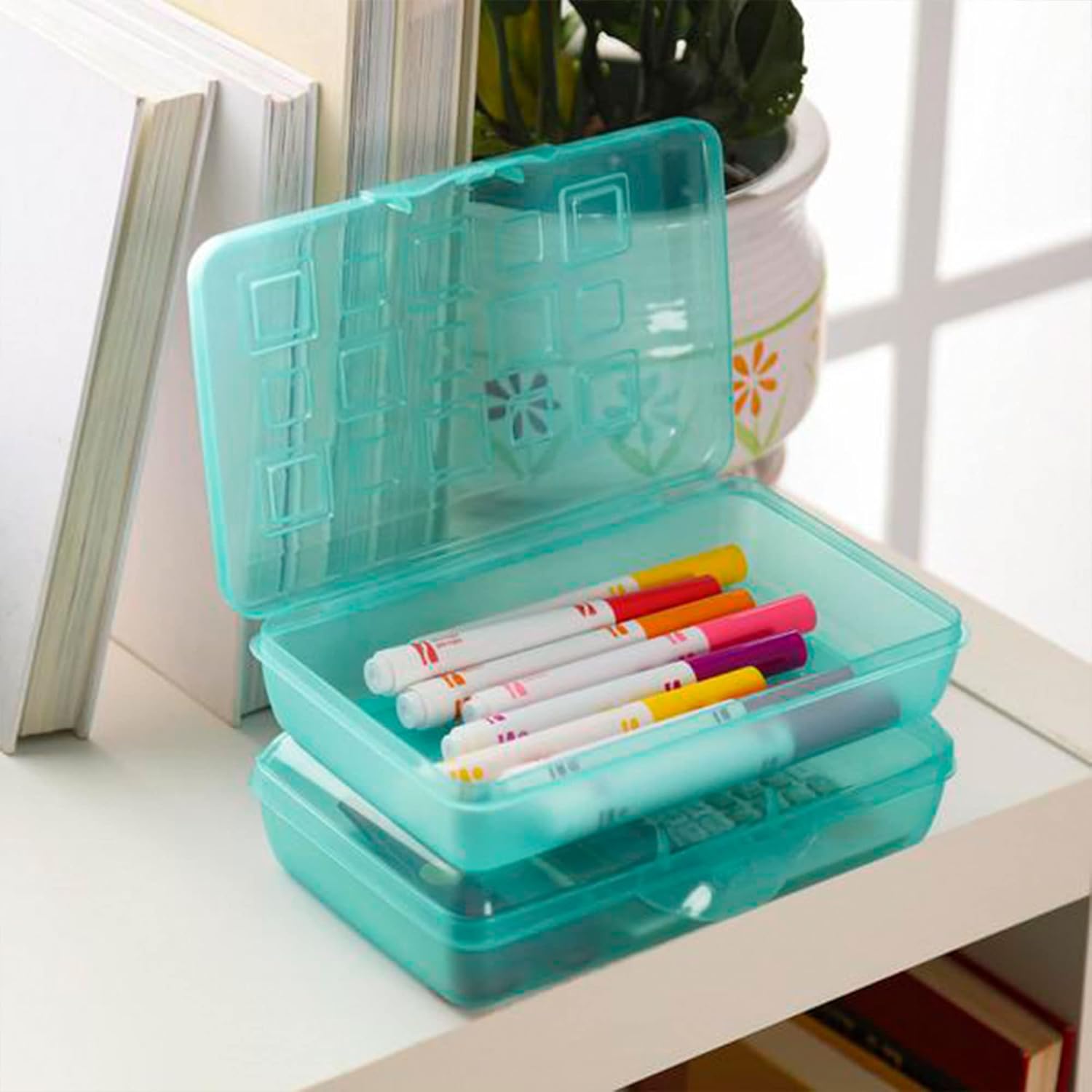 Sterilite Small Translucent Plastic Pencil Box Case with Lid for Office Supplies Pen Holders, Molokai Blue Tint (12 Pack)