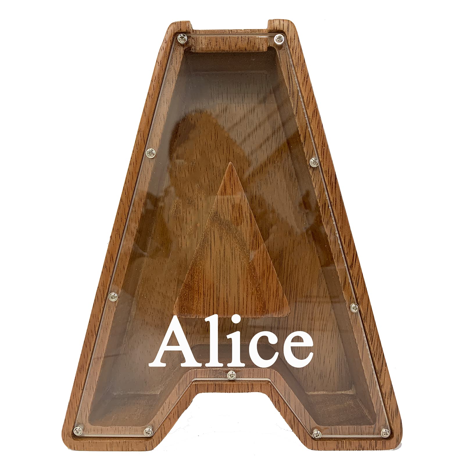 Ladenk Personalized Large Wooden Kids Letter Piggy Bank - Custom Engraved Name Coin Bank - Money Saving Box Frame Gift for Boys Girls - Brown, Modern, 9 Inch