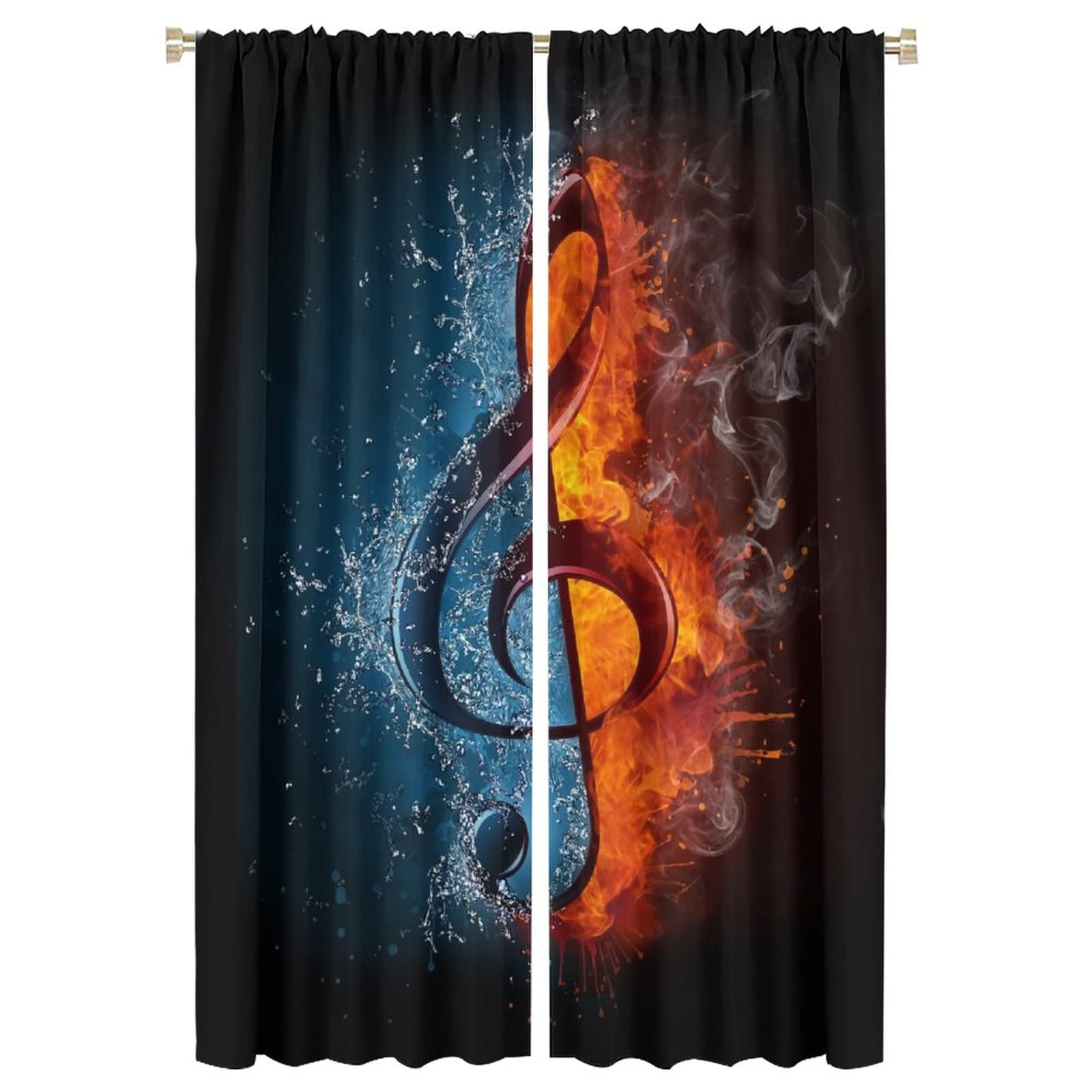 Music Curtains,Musical Notes Water Fire Theme Room Darkening Thermal Insulated Rod Pocket Window Curtain 2 Panels for Living Room Bedroom Decor W42xL63in