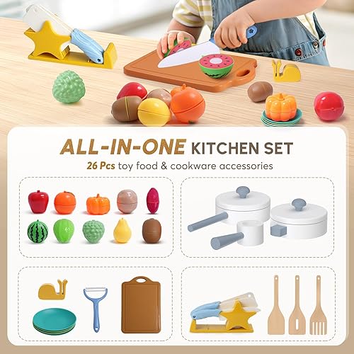 Miniatura 3 de BIERUM Juego de cocina con luces y sonidos realistas, juego de cocina de madera para niños pequeños, cocina de juguete con 26 accesorios de comida y