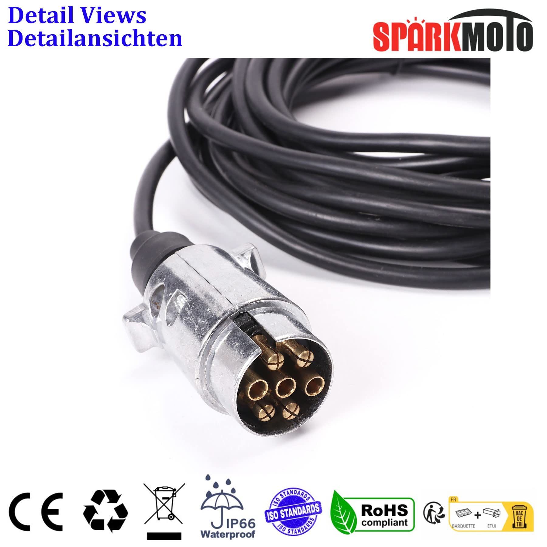 Câble d'extension pour remorques Caravane Camping-Car,Faisceau Remorque 7 Broches Rallonge 6M Cable Remorque avec Métal Prise 7 Broches Male a Male,Câble de Rallonge Remorque(SKC06MM)