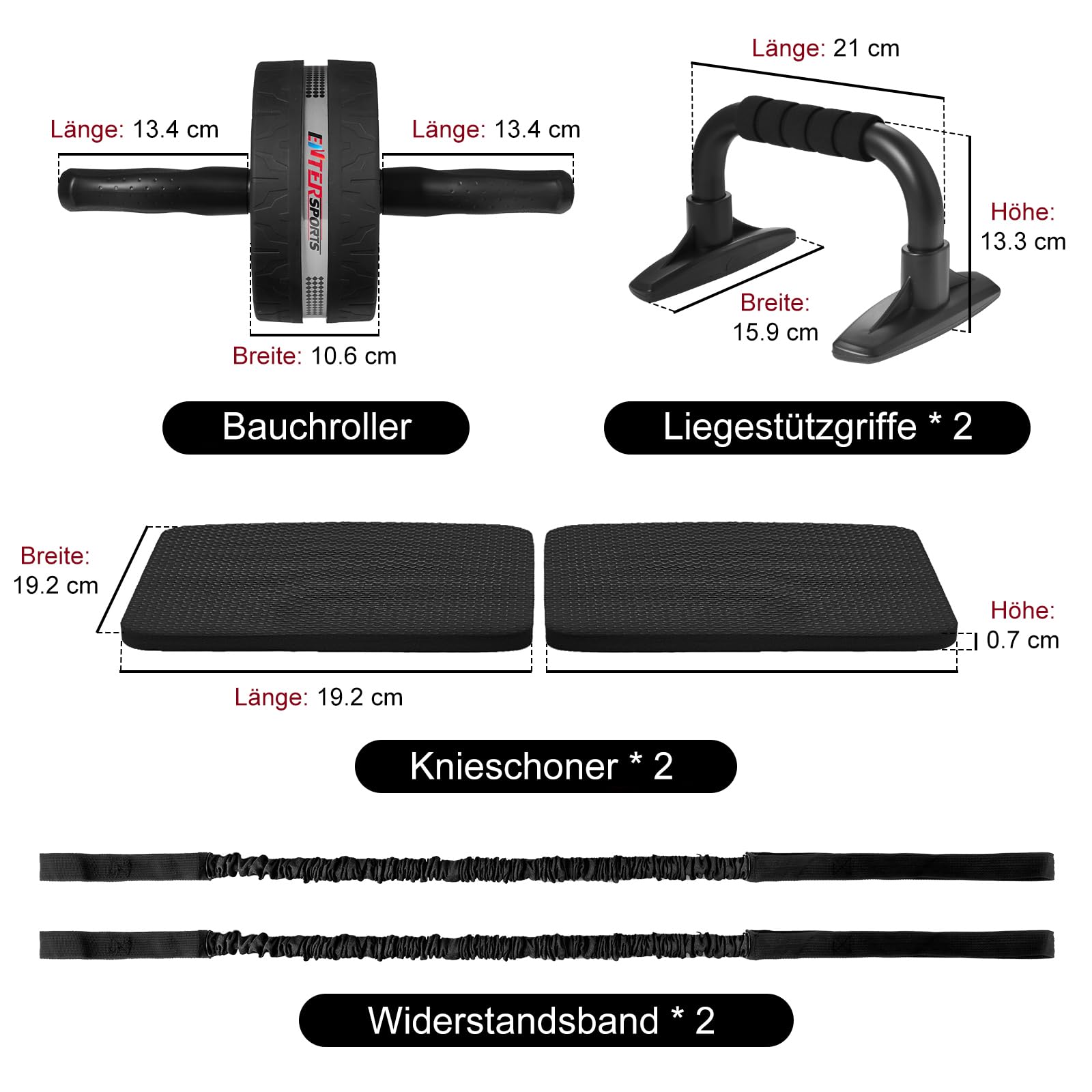EnterSports Set per addominali, 6 in 1 con fascia per fitness, flessioni, tappetino per ginocchia, attrezzo fitness per addominali, ideale per uomini e donne per allenarsi a casa