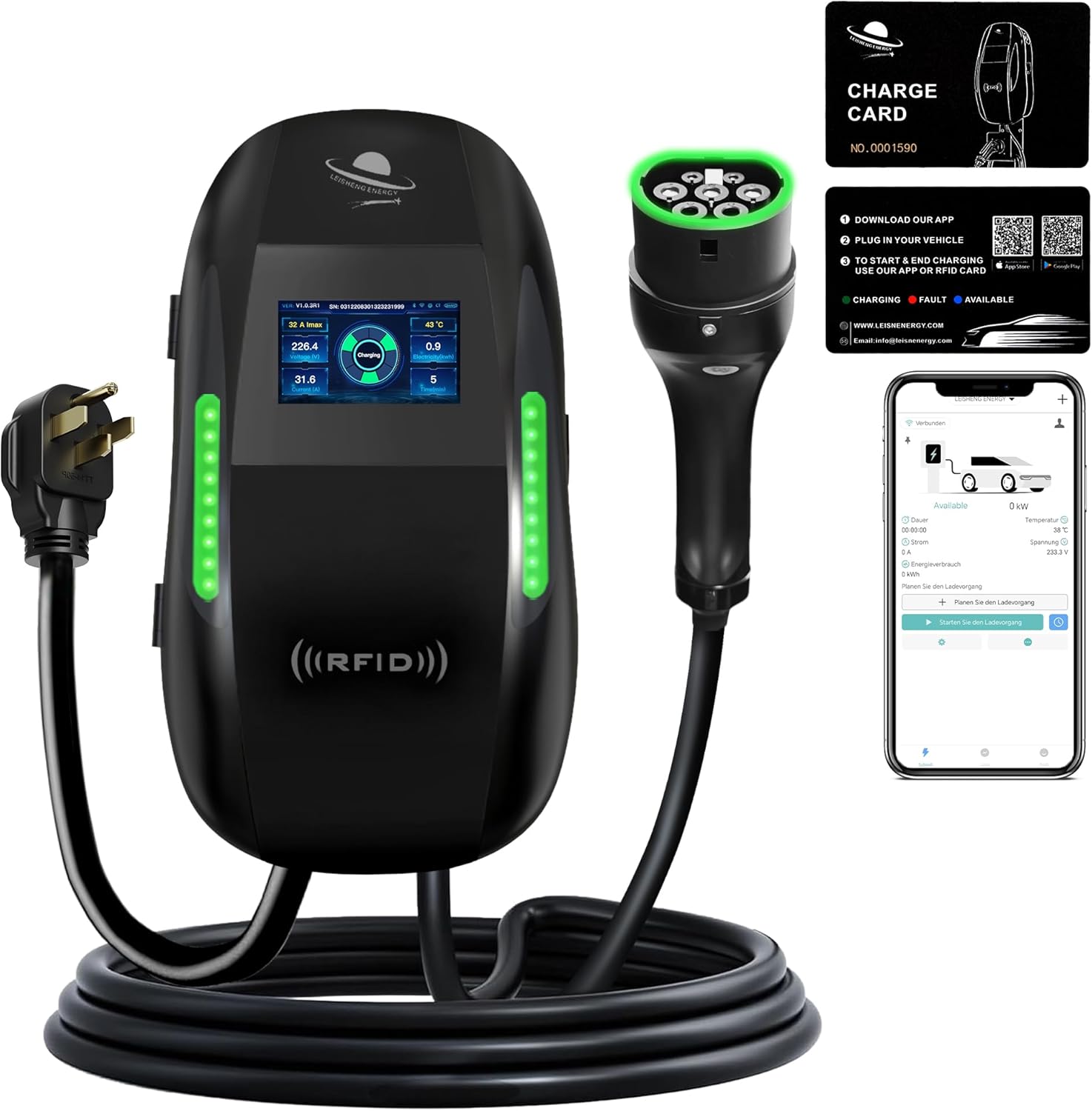 9.6kW Level 2 EV Charger, 240V 40A Electric Vehicle Charging Station with NEMA 14-50 Plug, 4.3-Inch LCD Display, Wall-Mounted EV Charger for Home, SAE J1772 (Black, 9.6kW)