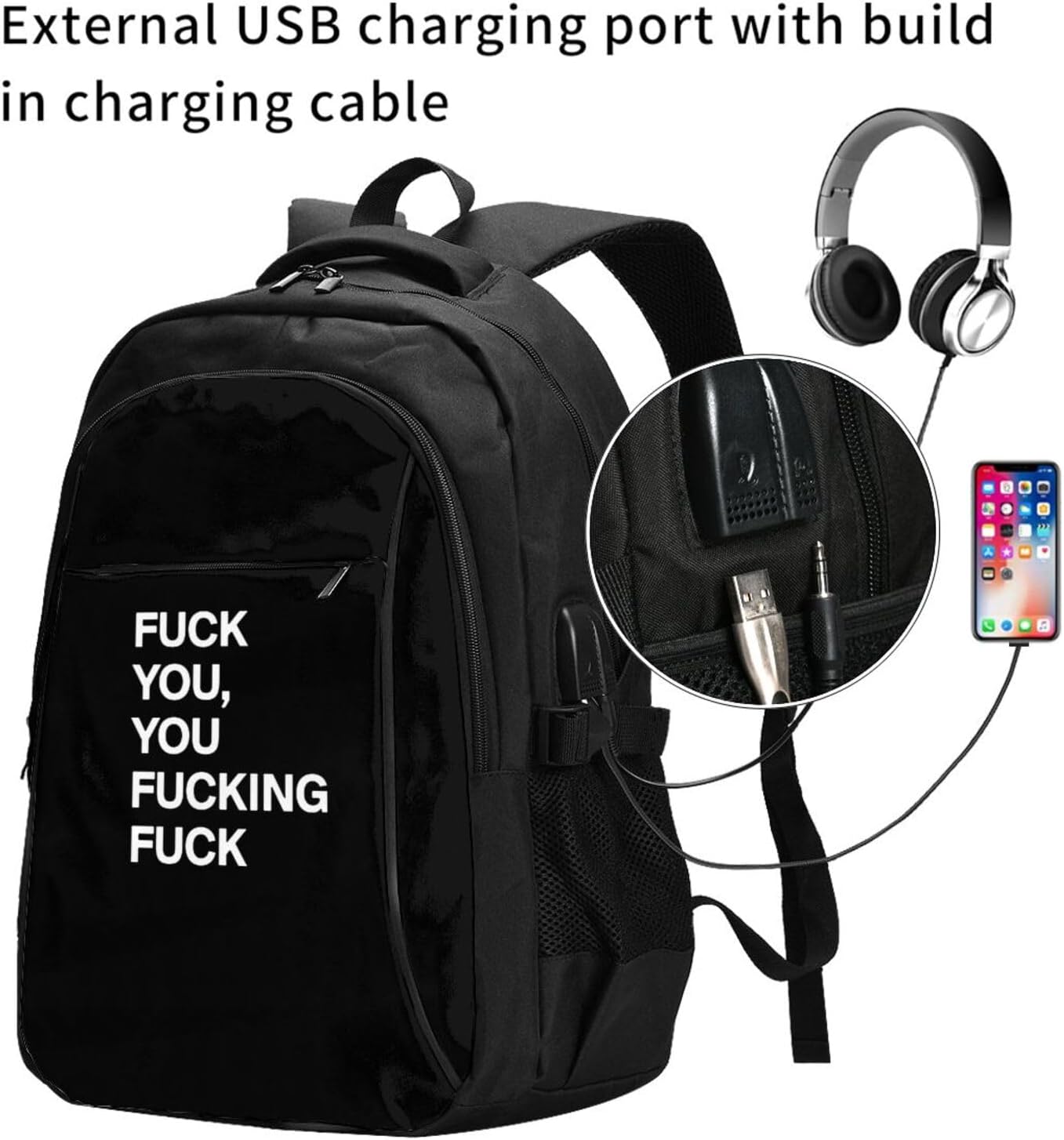 Fuck You You Fucking Fuck Travel Laptop Backpack Bag with USB Charging Port 17 Inch Computer Funny Backpacks for Women Men Work College Gift,Casual Daypack,Black Large image 2