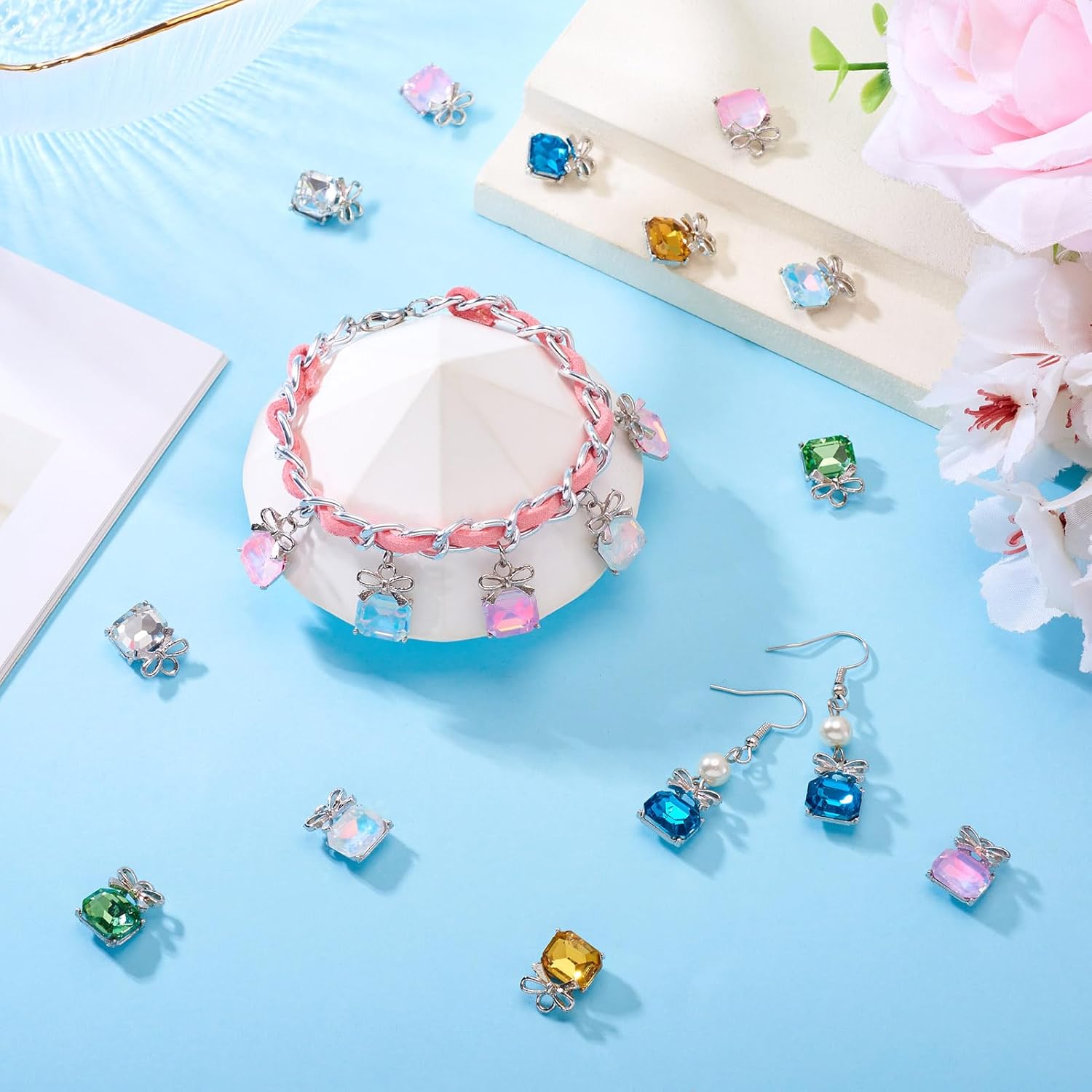 Craftdady Faceted Square with Bowknot Pendants Sparkle Alloy Glass Charms Assorted Colorful Crystal Rhinestone Charms for Jewelry Making Necklace Bracelet Keychains - Image 3