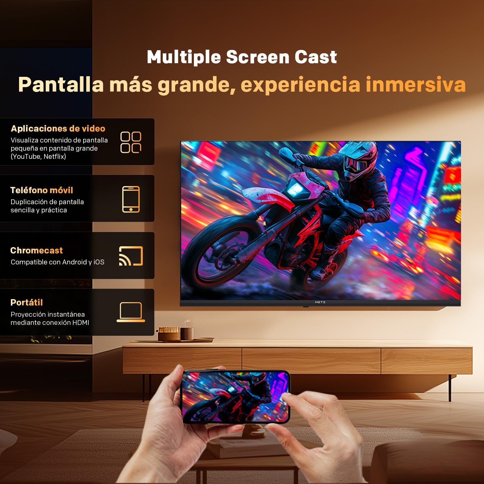 Metz TV 40 Pulgadas Smart TV, Televisor 40” QLED, HDR10, Dolby Audio, Chromecast Integrado, WiFi, Bluetooth 5.1, HDMI 2.1, DVB-T2/S2/C, Ci+, 40MQH7000Y (Modelo 2026)