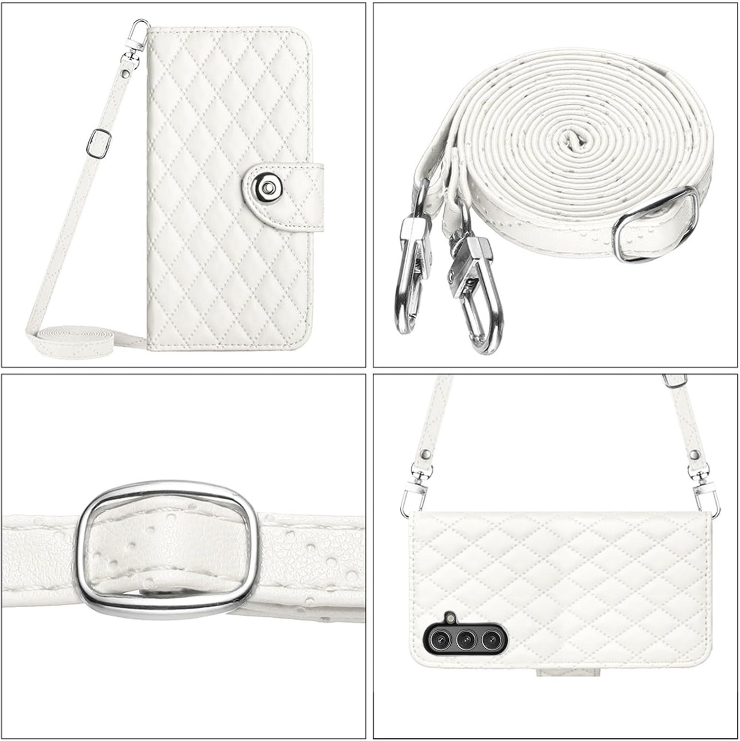 Wallet Case for Samsung Galaxy S26 Plus S26+ 5G with Wrist Shoulder Strap, Argyle Pattern PU Leather Flip Credit Card Holder Phone Cover for S 26 + 26+ S26Plus 26S SM-S947U Girls Women White