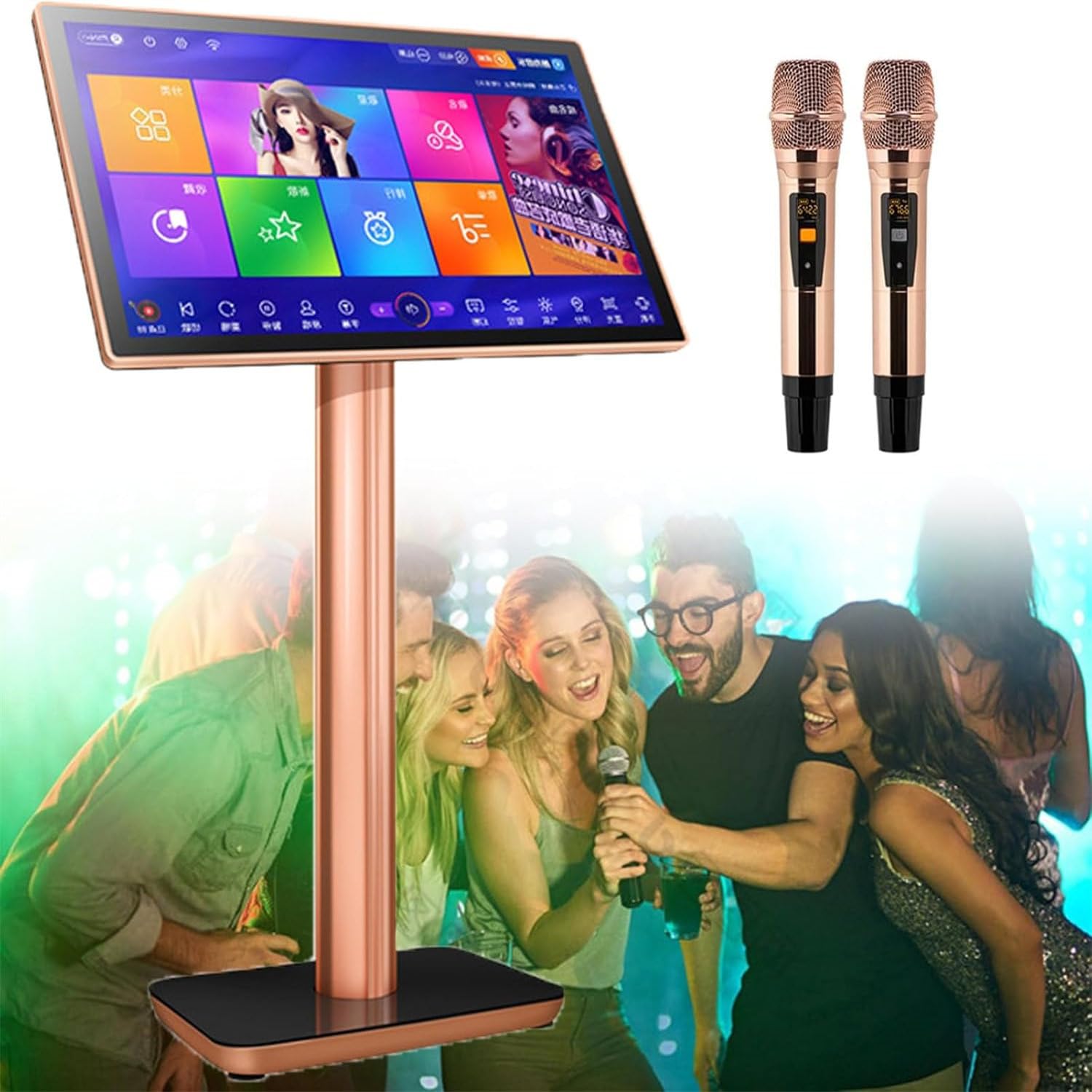 Karaoke Machine With 4k Hd Touch Screen 27 Languages, Professional Karaoke With Reverb Wireless Microphone, Sélection Intelligente Chansons Films En Ligne Phone App Control 22inch-2TB