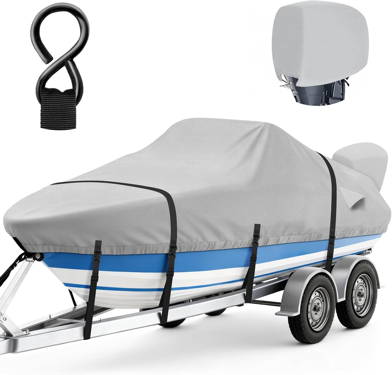Boat Cover 17-19 FT,1200D Trailerable Boat Cover 17 18 19 Foot with Metal Hooks & Motor Cover- Fit 17 to 19ft V-Hull, Tri-Hull, Fishing Boats, Runabout, Bowrider, Fish & Ski and Pro-Style Bass Boats