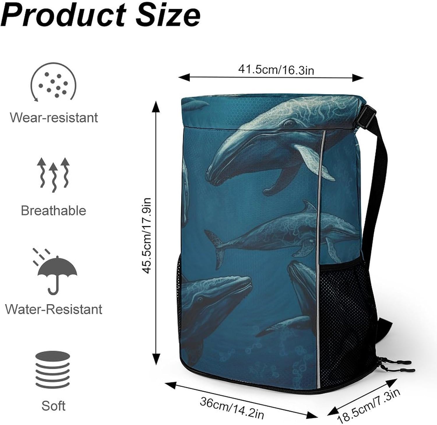 Small Gym Bag Ocean Whale Printed Drawstring Gym Bag for Men Lightweight Waterproof Drawstring Backpack for Women with Shoe Compartment for Travel Tourism Work And Fitness