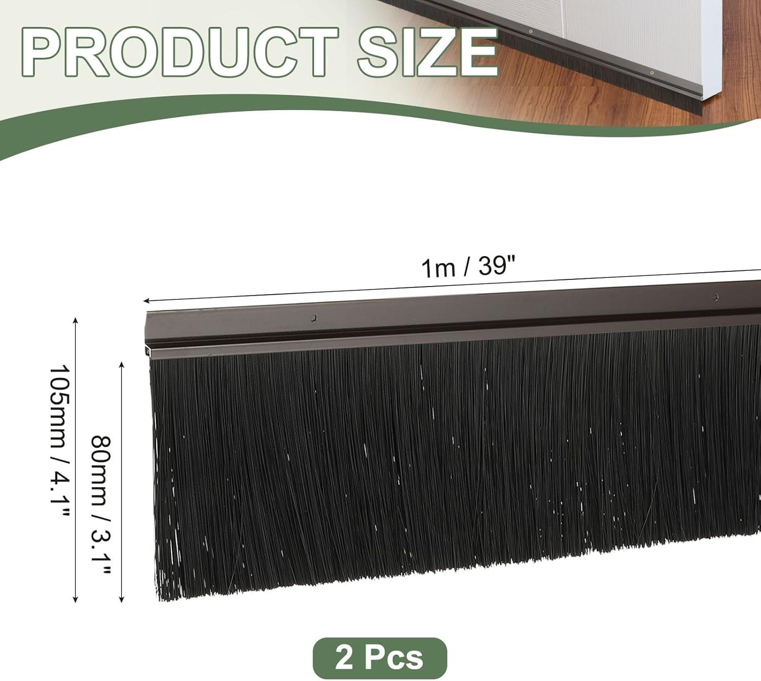 Door Sweep Aluminum Alloy Brush Sweeps, 3.1 Inch Black PP Brush 39"L x 4.1"W Fit for Gaps of Door Bottom - H-Shape Holder (2 Pcs, Brown)