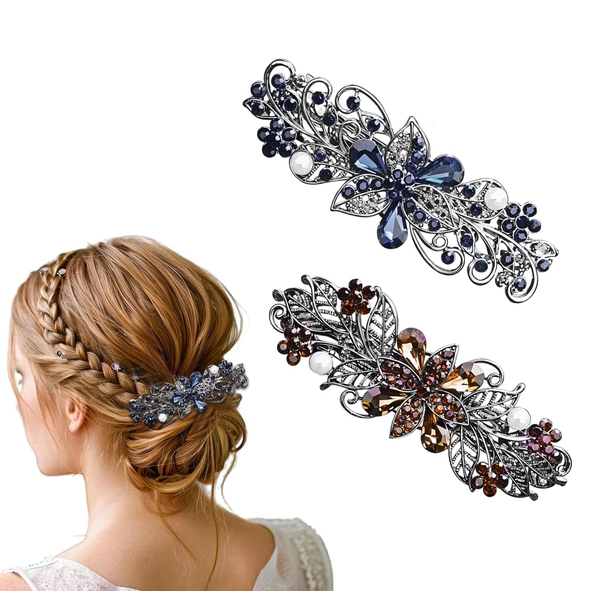 MAYCREATE 2Pcs Alloy Floral Hair Clips for Women French Barrette Rhinestone