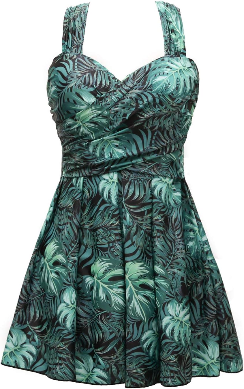 COCOPEAR Women's Elegant Crossover One Piece Swimdress Floral Skirted Swimsuit