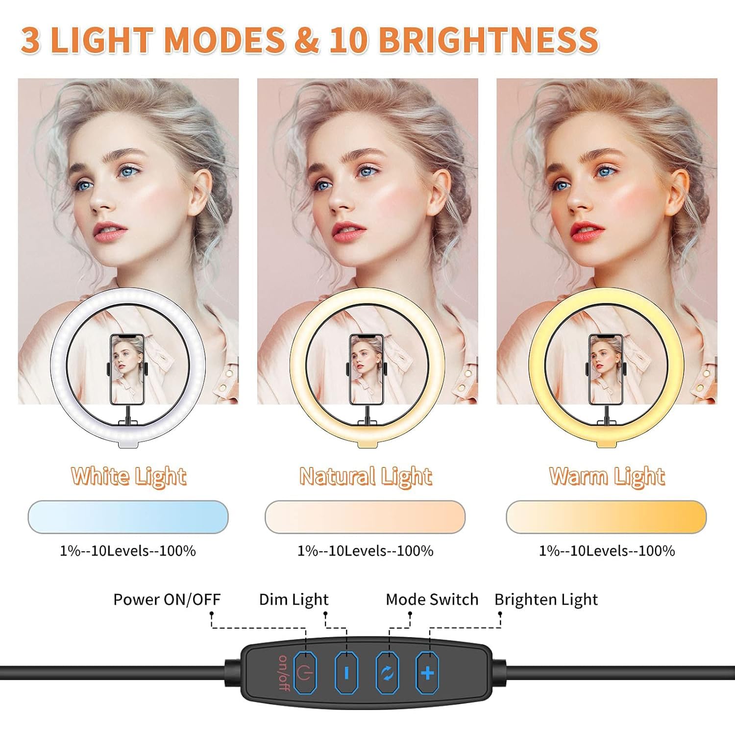 Aro de Luz con tripode, Aro 25cm 2 Trípodes hasta 160cm, Luz Bicolor con Control Remoto Bluetooth, Incluye 3 Pinzas para Móvil Vivo de Youtube, Tiktok, Facebook, fotografia