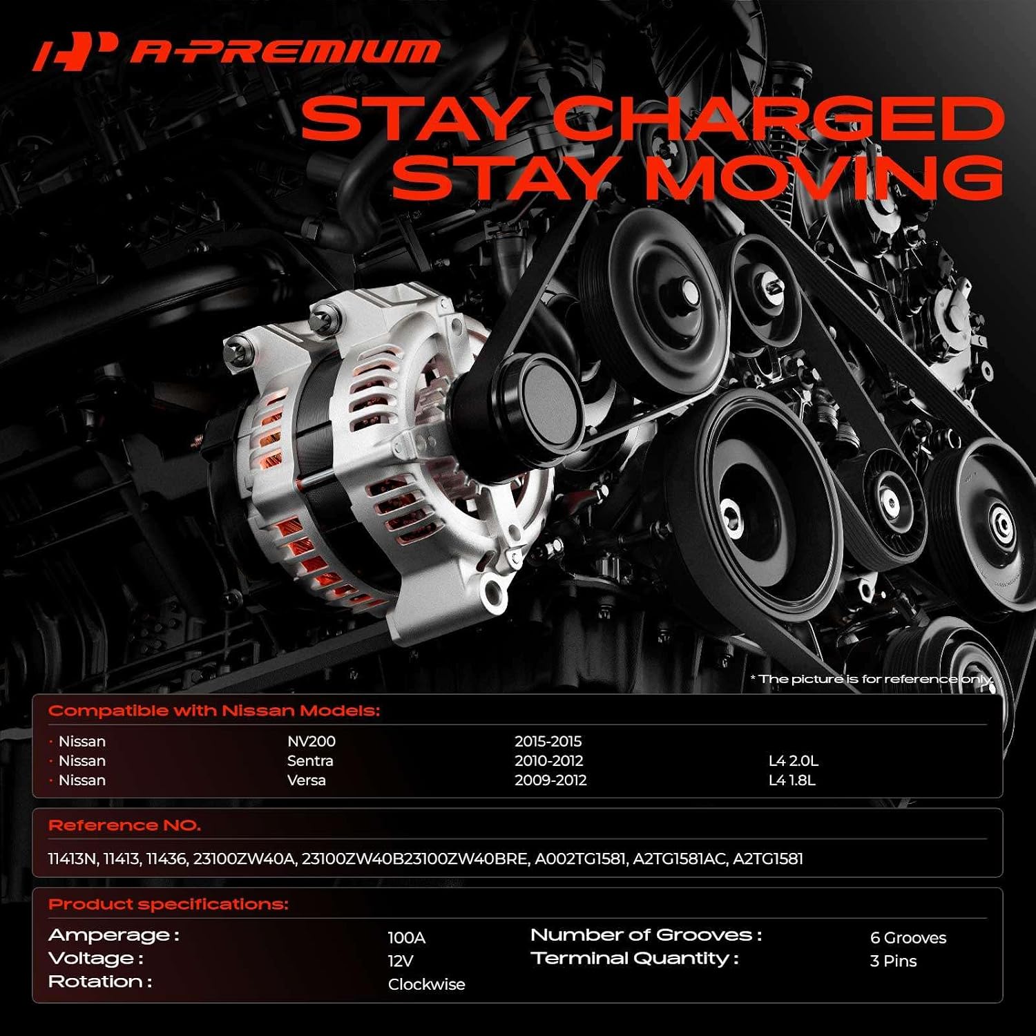A-Premium Alternator Compatible with Nissan Sentra 2011-2012 2.0L, Versa 2009-2012 1.8L, NV200 2015 2.0L, 12V 100A 6-Groove Clutch Pulley Clockwise, Replace# 23100ZW40A, 23100ZW40B