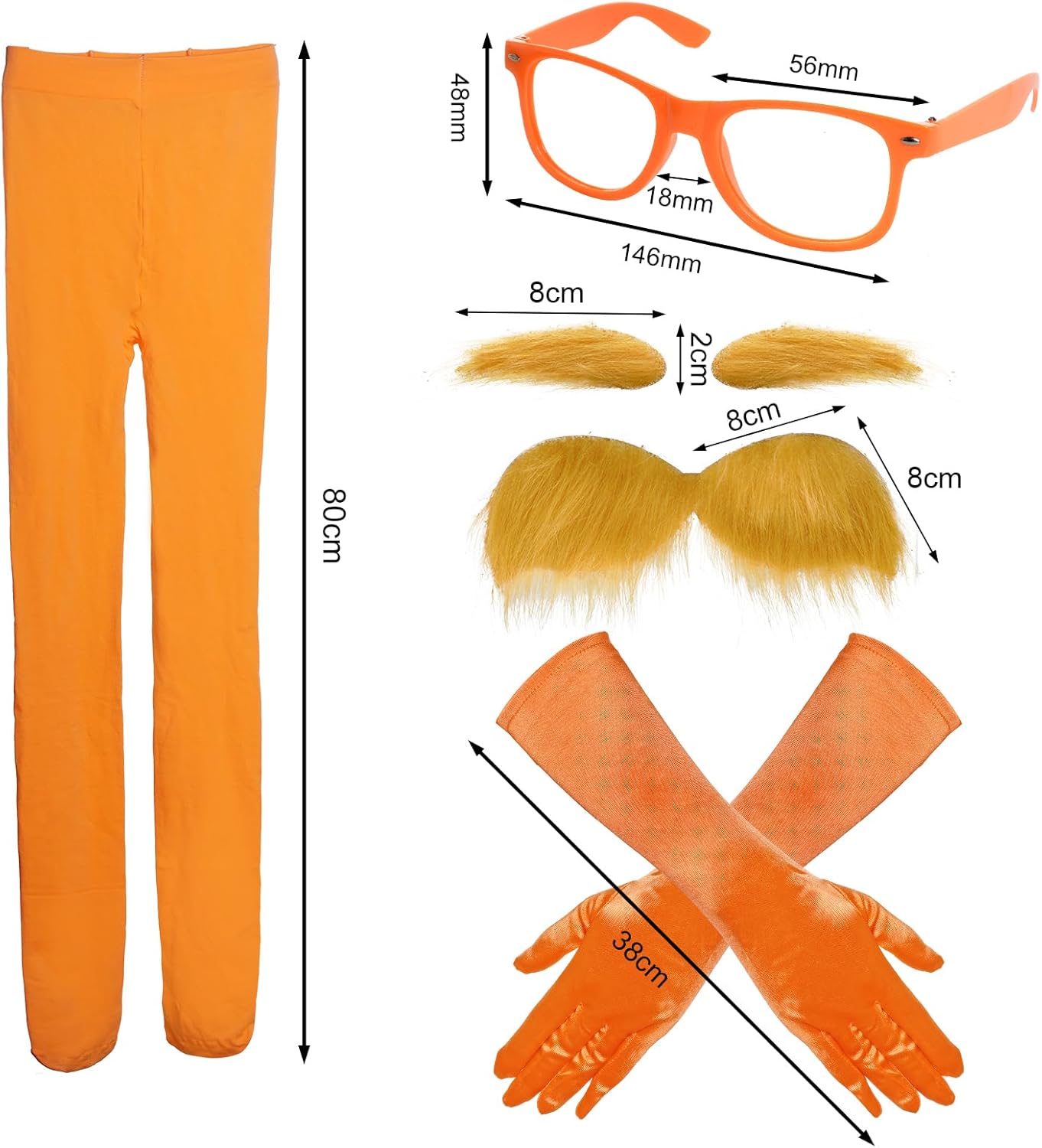 6pcs Orange Costume Yellow Eyebrows Fake Mustache Orange Glasses Tulle Tutu Skirt Gloves Pantyhose for World Book Day Halloween Cosplay Dress Up - Image 2