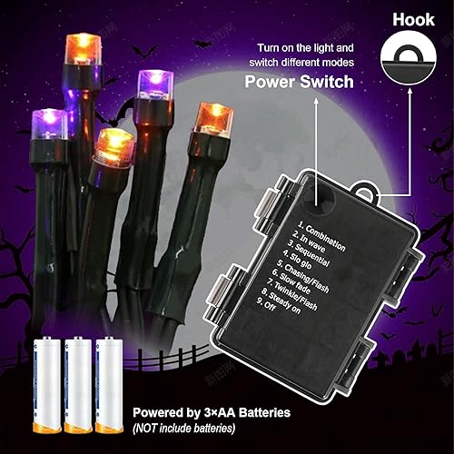 Miniatura 4 de ITICdecor 100 luces LED de Halloween de 33 pies, guirnalda de luces de Halloween moradas y naranjas, impermeable, funciona con pilas, 8 modos de