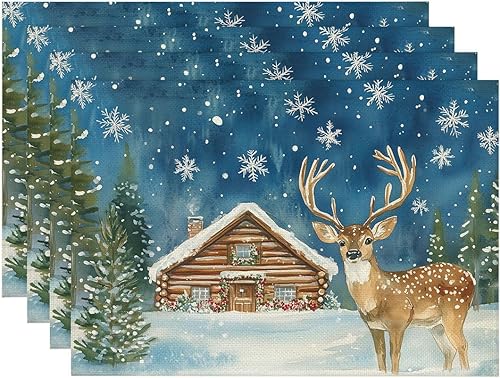 Christmas Snowflake Deer Placemats Set of 4 Christmas Dining Place Mats Linen Ta