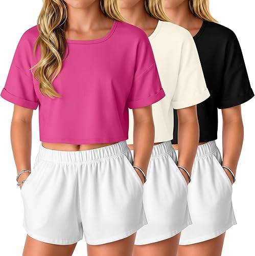 LessonZoo 3 Pack Girls' Crop Tops Kids Oversized Short Sleev