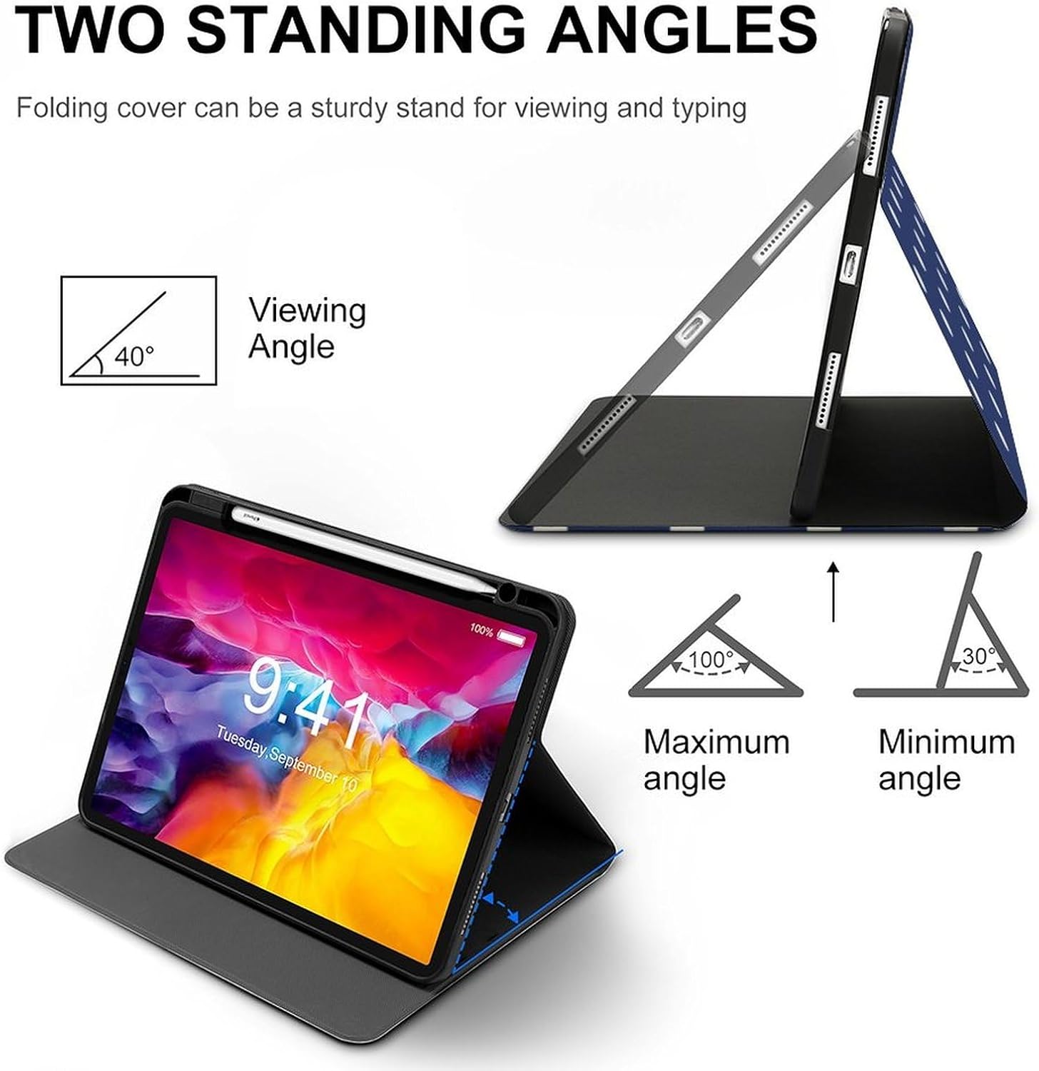 Compatible with iPad Pro 11 Inch Case 1st/2nd/3rd/4th Generation (2018-2021/2020/2022) with Pencil Holder, Slim White Polka Dots Dark Blue Print Pro Cover 11 Inch for Auto Wake/Sleep with Stand