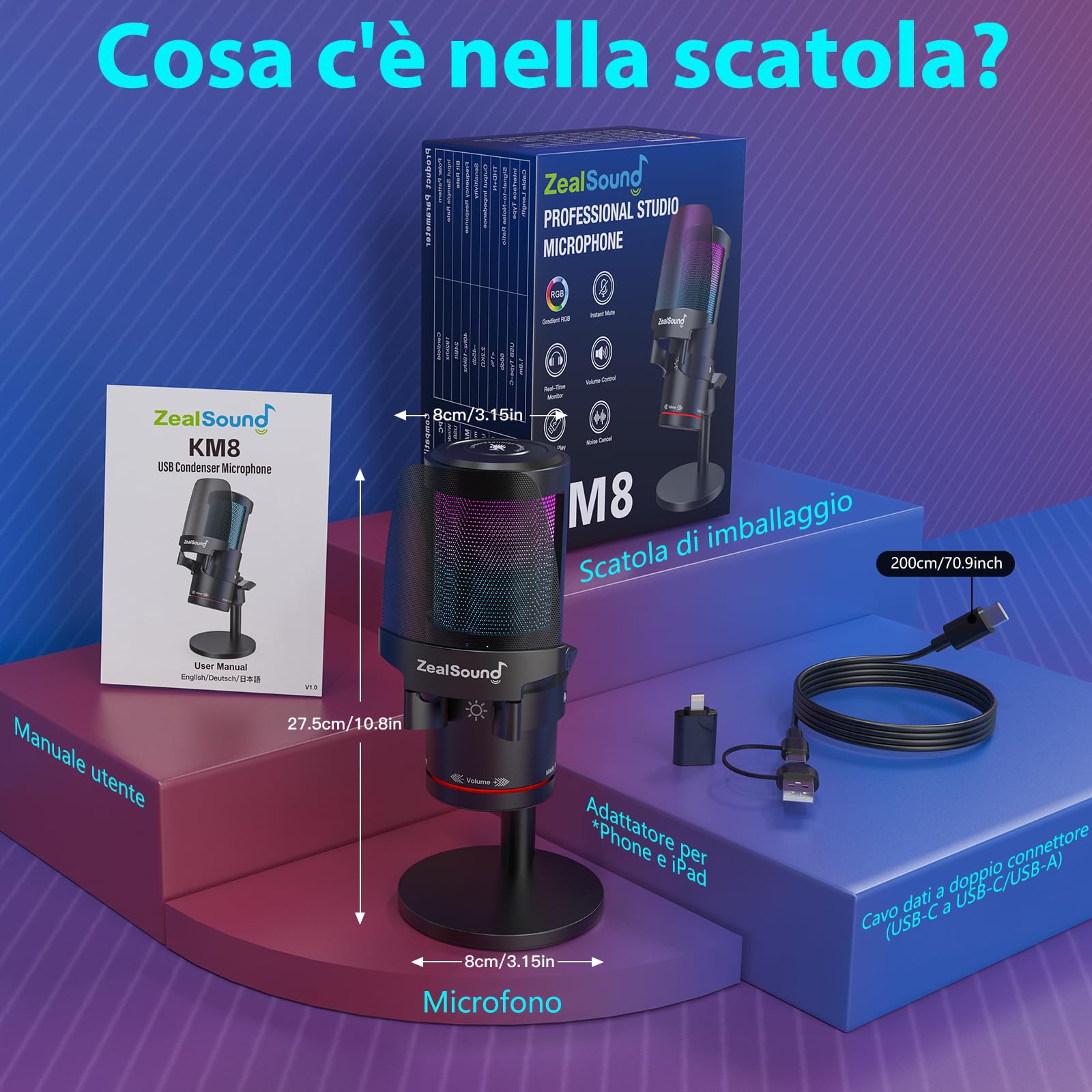 ZealSound Microfono USB gaming, microfono condensatore, microfono luce RGB, streaming, guadagno, monitoraggio per streaming, podcast, YouTube, Discord, *Phone, iPad, PC, computer, PS, Mac, GamerWave