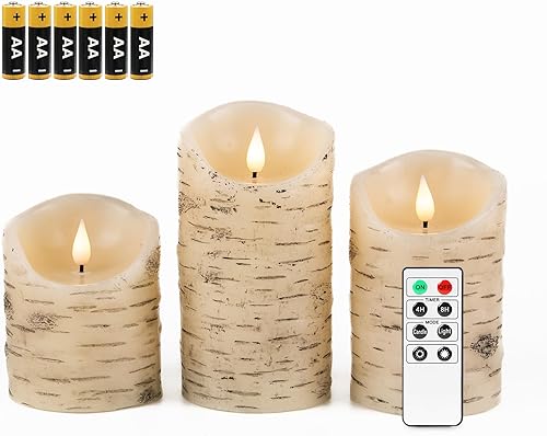 Fanna Juego de 3 velas sin llama LED de corteza de abedul con temporizador, velas de cera operadas por batería con control remoto para Navidad, 6