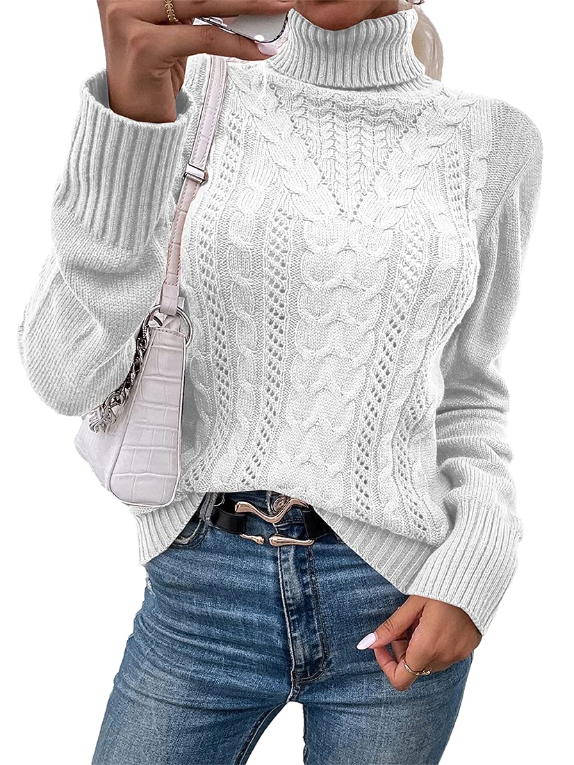 Hongqizo Women Casual Turtleneck Long Sleeve Sweater Cable Knit Pullover Solid Slim Fit Sweater Turtleneck Tops