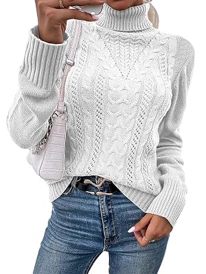 Hongqizo Women Casual Turtleneck Long Sleeve Sweater Cable Knit Pullover Solid Slim Fit Sweater Turtleneck Tops