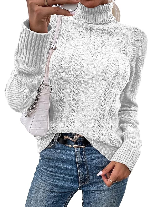 Hongqizo Women Casual Turtleneck Long Sleeve Sweater Cable Knit Pullover Solid Slim Fit Sweater Turtleneck Tops