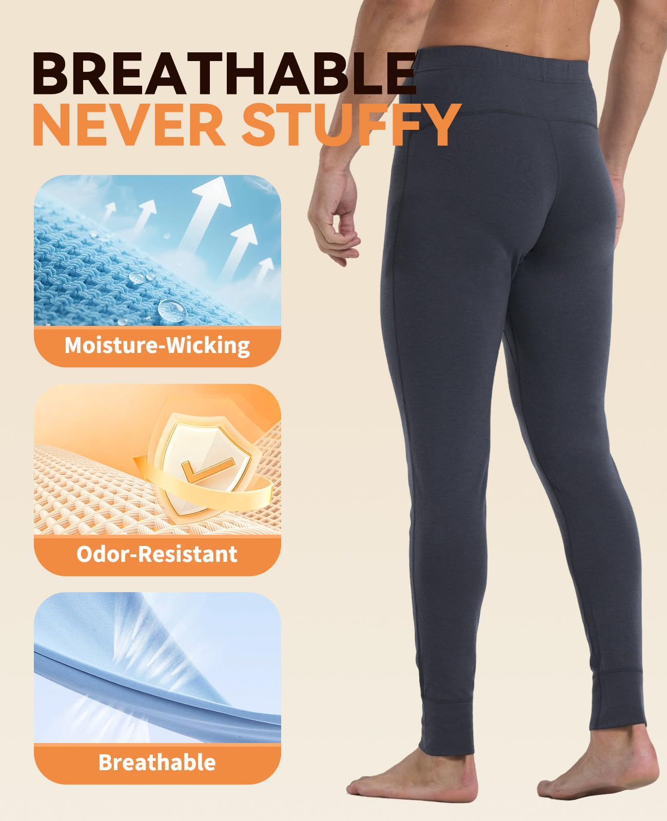 Merino Protect 100% sous Vetement Merinos Homme Pantalon Thermique Épais Doux Long sous-Vêtements pour Randonnée Safari