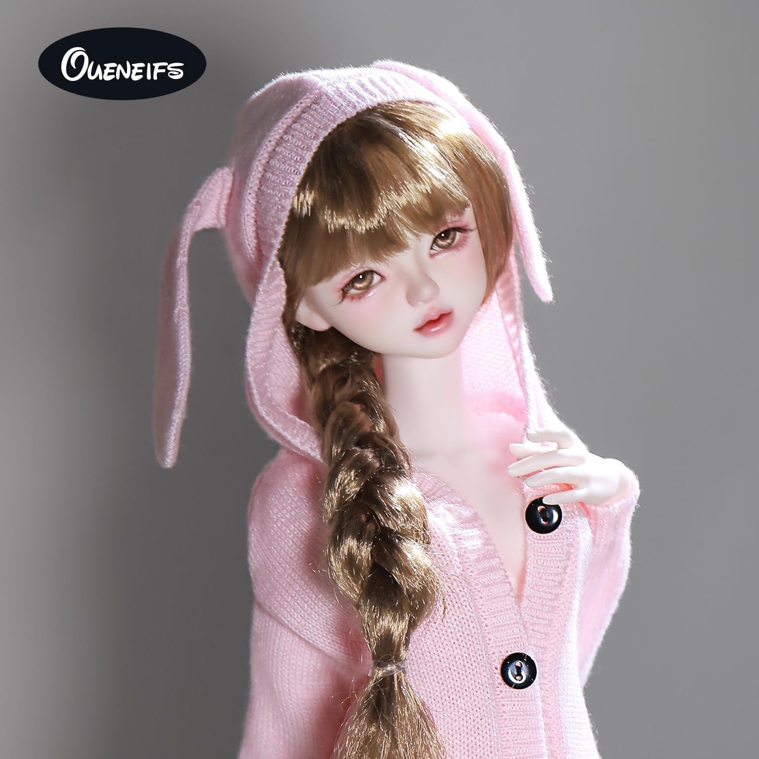 Oueneifs 1/4 Liano Fullset I Bjd Doll with Hooded Rabbit Ear Knit Sweater Resin Toy for 15+ Year Old(Pink Clothes)