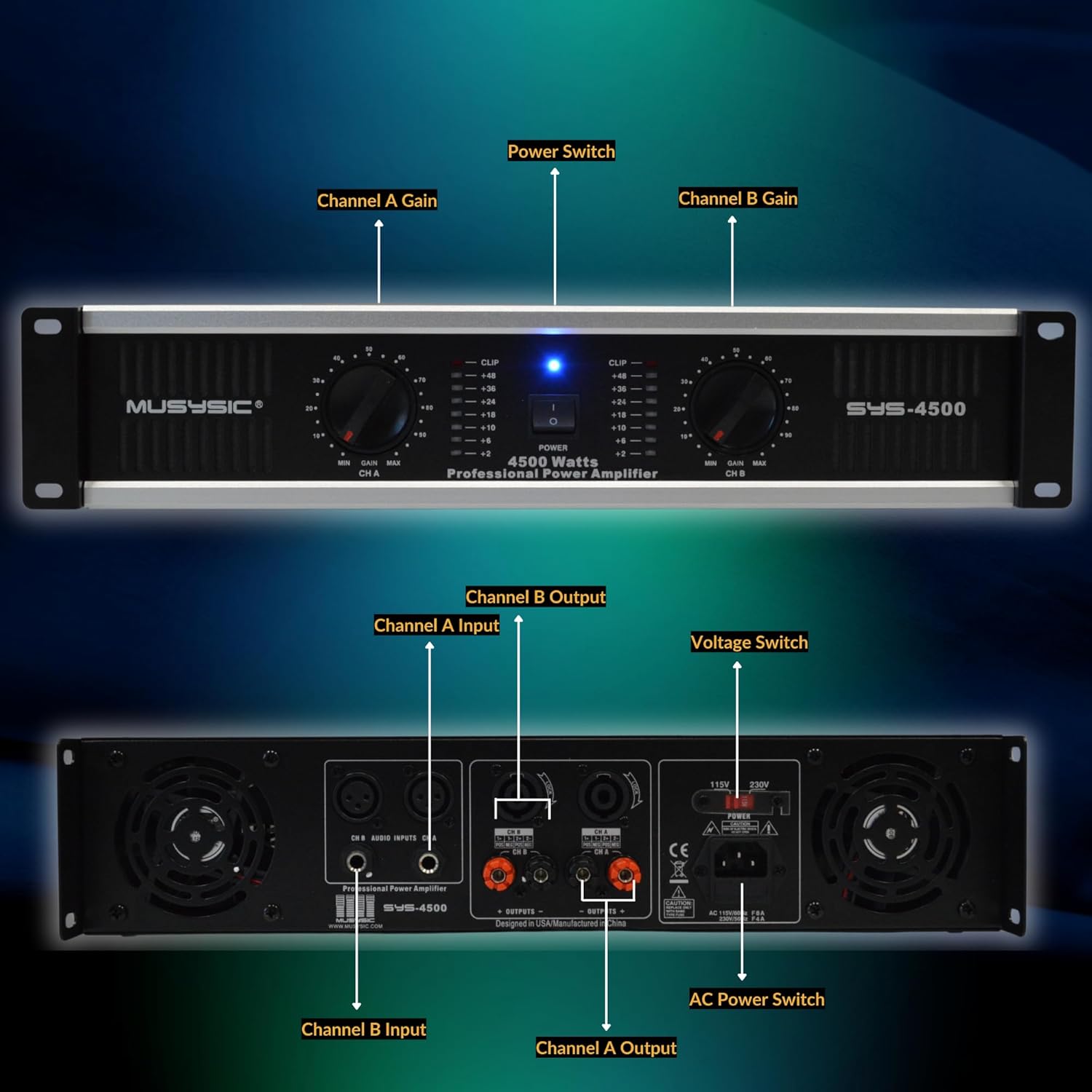MUSYSIC Professional Power Amplifier 2 Channel 4500W - Home Audio Component Amplifiers for DJ, PA System, Speakers - high Quality Stereo Amp with Digital Audio Processing - Stereo XLR & 1/4" Inputs - Image 4