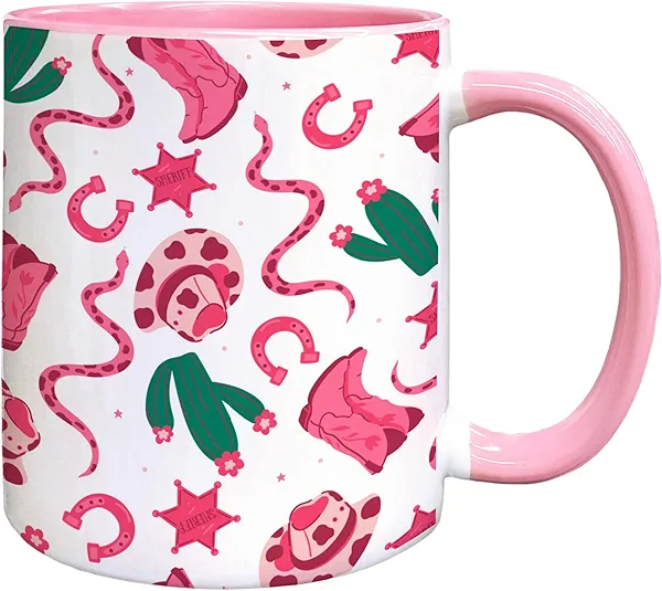 Foyoulame Pink Western Cowgirl Coffee Mugs - Pink Preppy Trendy Cowgirl Boot Hat Coffee Teacup, Coquette Western Mug Gifts for Cowgirls Women Girls,Preppy Rodeo Horseshoe Cactu Ceramic CoffeeMug 11oz