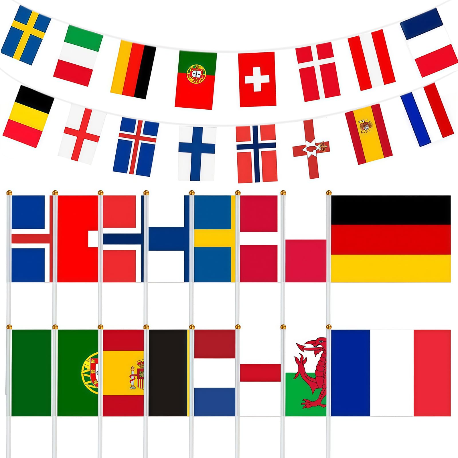 2026 European Football Flags Bunting Set, 10m 16 Countries Flag Banner with 16 Hand Flags on Sticks,Football Party Decorations for 2026 World Football Cup Bar,Garden,Pub and Street Party — image 1