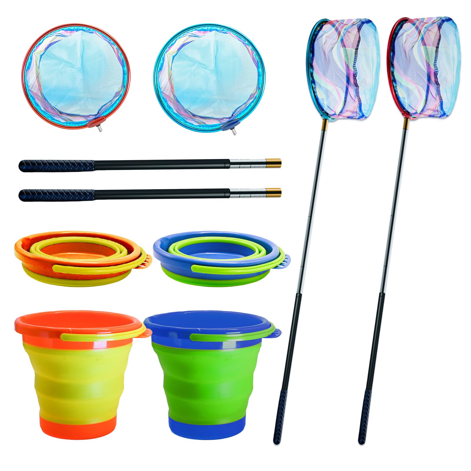 Kinder-Fischernetze mit Eimer, Teleskopgriff, einziehbarer Kescher, leichte Aluminiumstange zum Fangen und Freilassen von Frosch, Elritze, Schmetterling, Krabben, Strand und Bach, Outdoor, 2 Stück